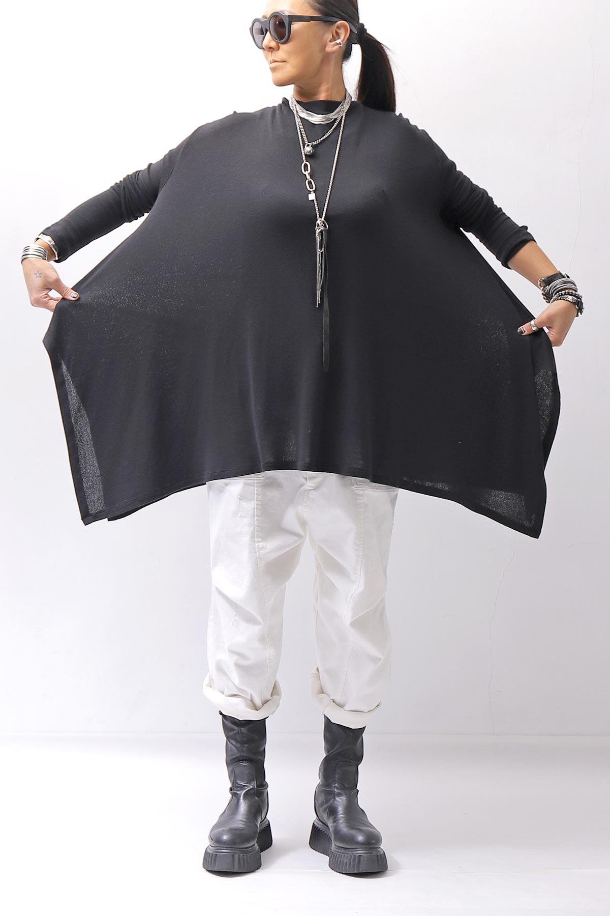 【NOSTRASANTISSIMA】 ASYMMETRY VISCOSE&amp;SILK LIGHT SWEATER TOP M122_BLACK