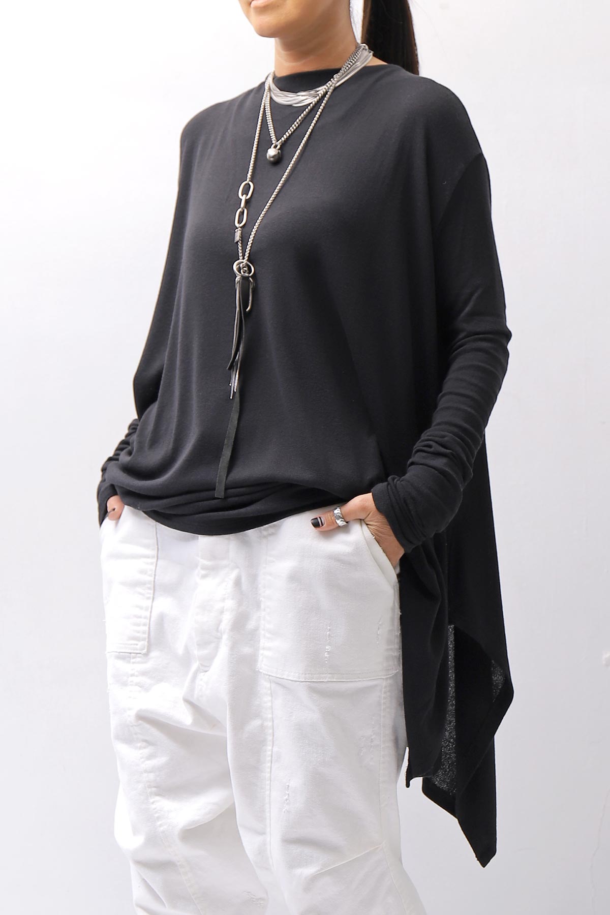 【NOSTRASANTISSIMA】 ASYMMETRY VISCOSE&amp;SILK LIGHT SWEATER TOP M122_BLACK