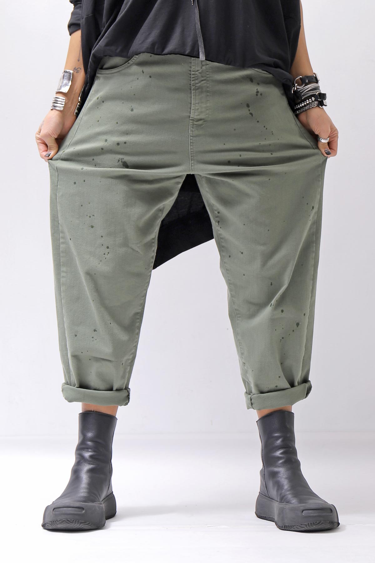 【NOSTRASANTISSIMA】UNISEX STRETCH COTTON LOW CROTCH DENIM PANTS P102_MATCHA LATTE