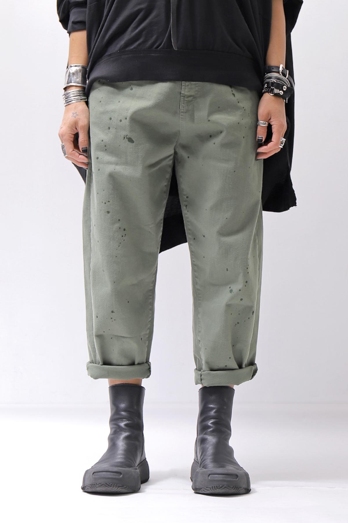 【NOSTRASANTISSIMA】UNISEX STRETCH COTTON LOW CROTCH DENIM PANTS P102_MATCHA LATTE