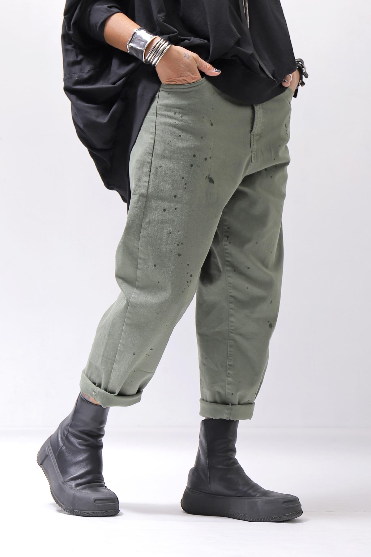 【NOSTRASANTISSIMA】UNISEX STRETCH COTTON LOW CROTCH DENIM PANTS P102_MATCHA LATTE