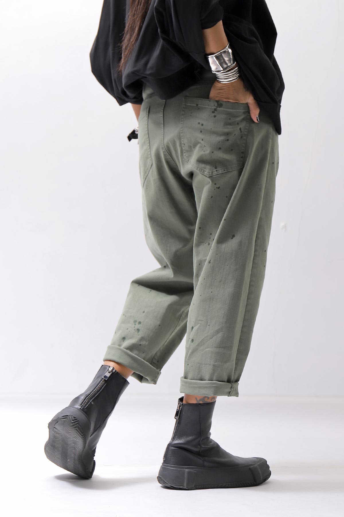 【NOSTRASANTISSIMA】UNISEX STRETCH COTTON LOW CROTCH DENIM PANTS P102_MATCHA LATTE