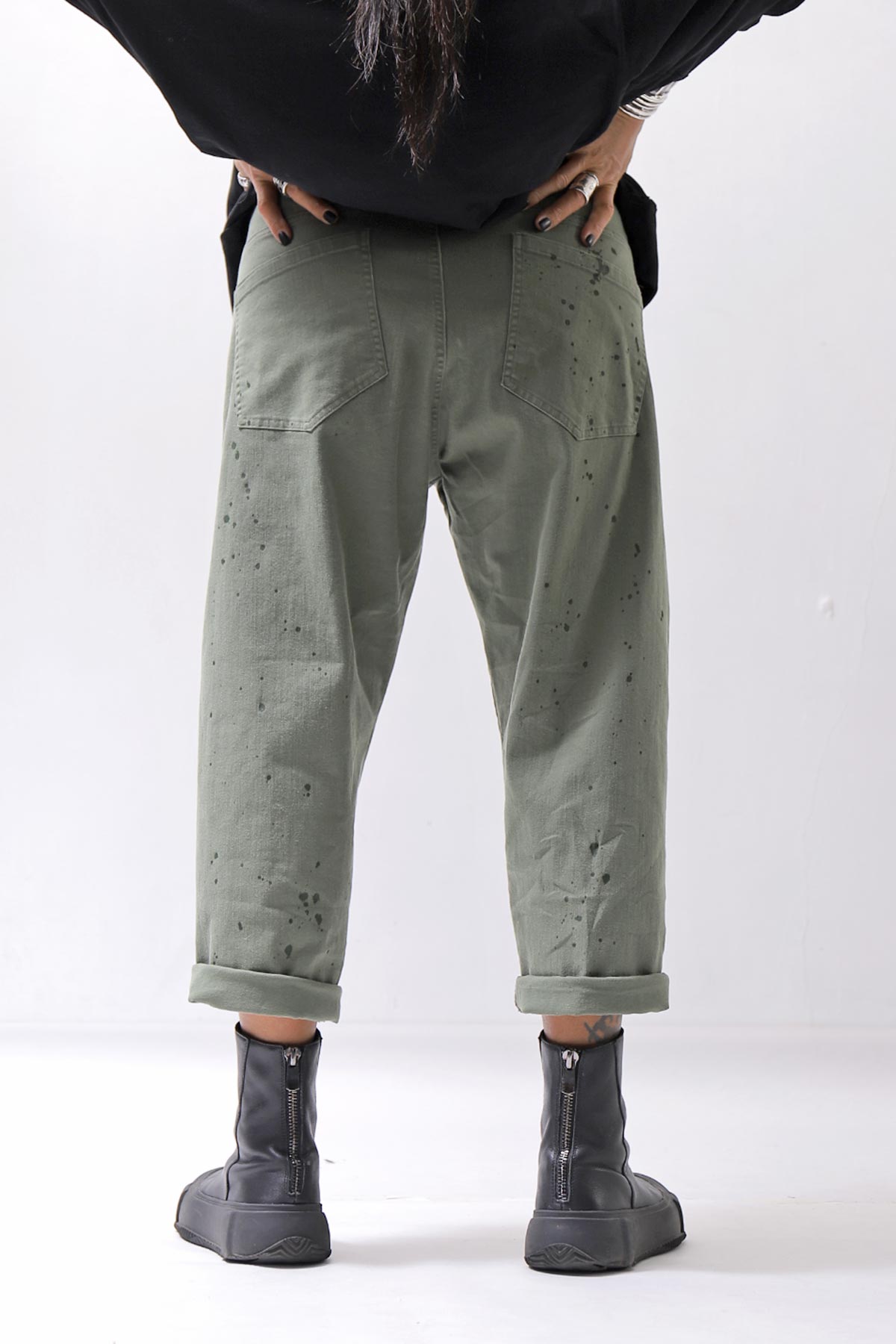 【NOSTRASANTISSIMA】UNISEX STRETCH COTTON LOW CROTCH DENIM PANTS P102_MATCHA LATTE