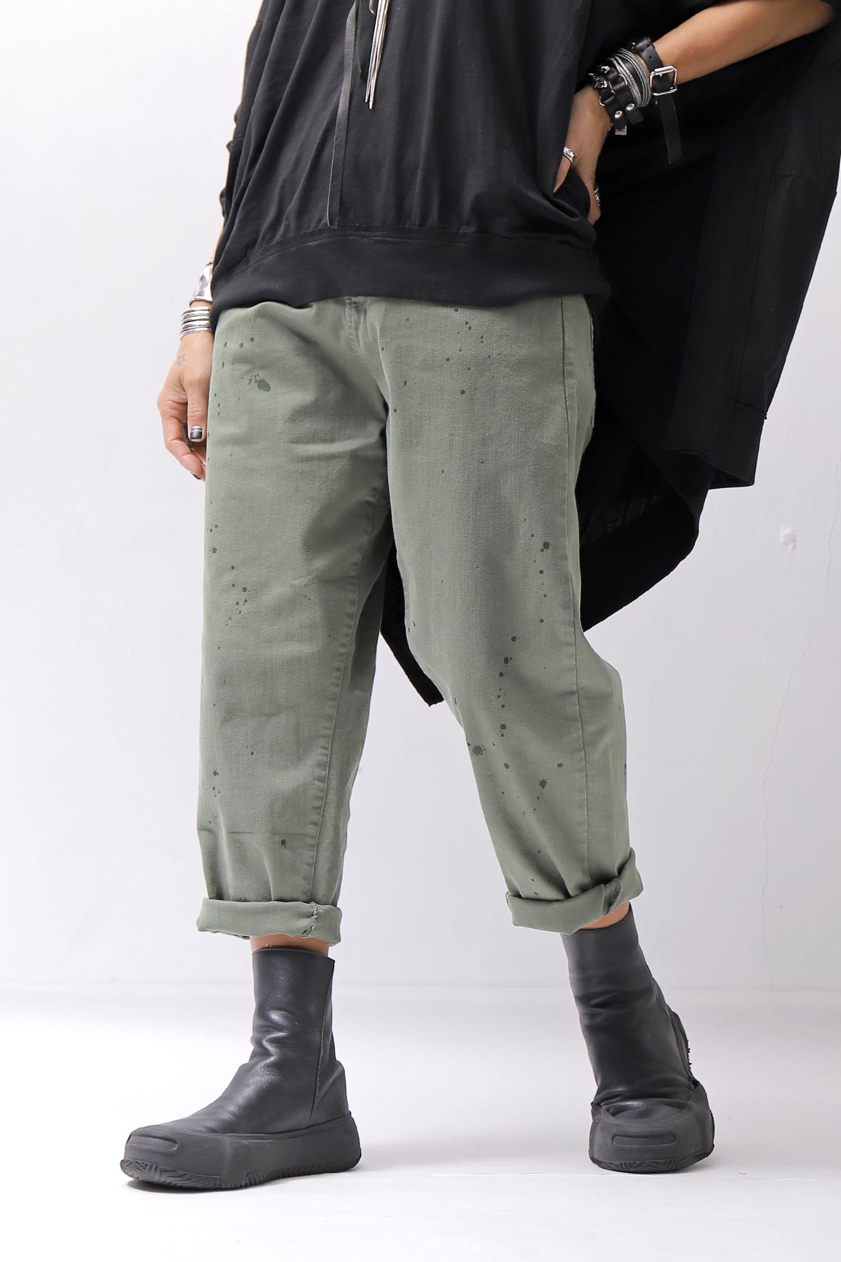 【NOSTRASANTISSIMA】UNISEX STRETCH COTTON LOW CROTCH DENIM PANTS P102_MATCHA LATTE