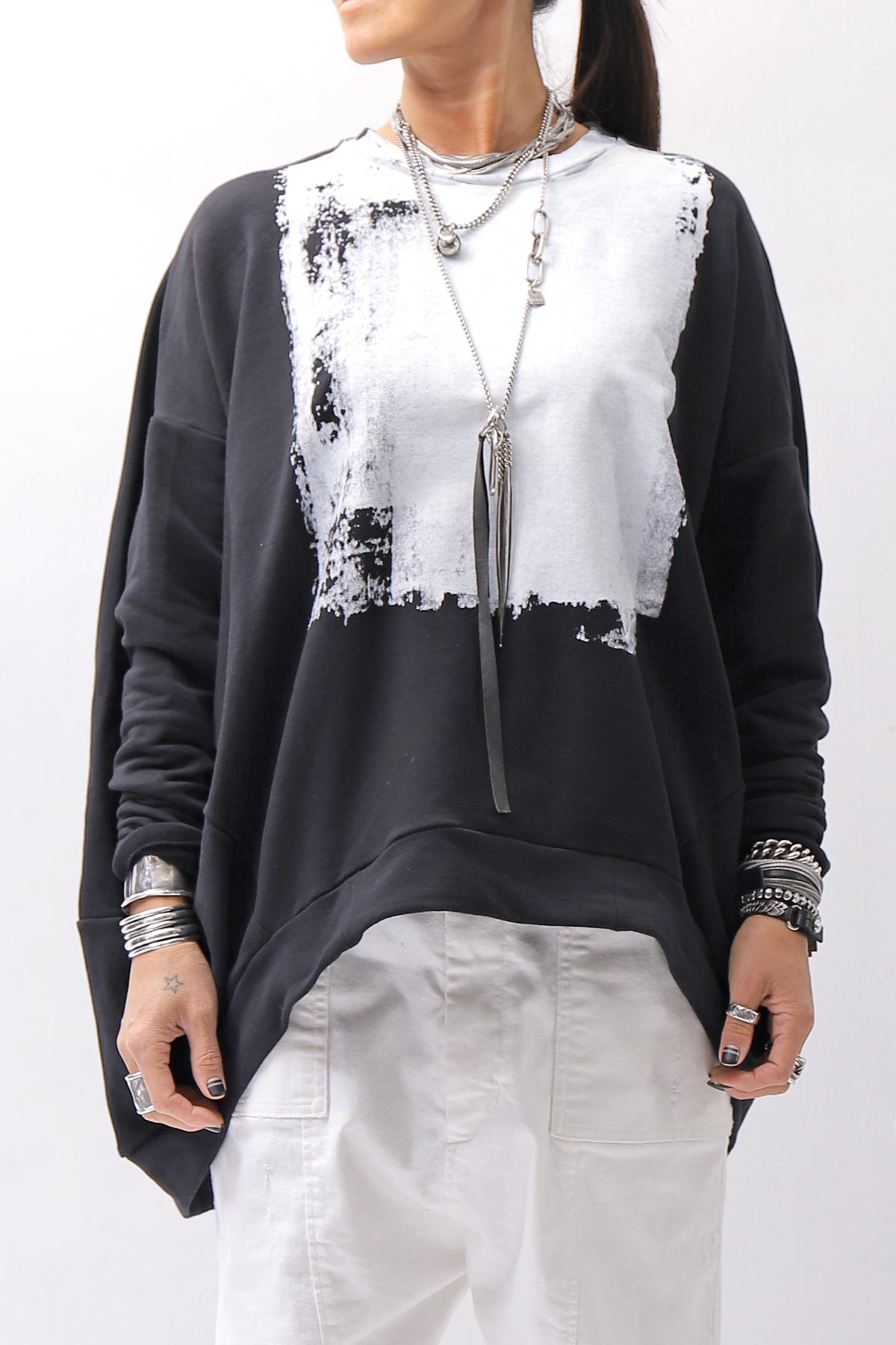 【bajra】 UNISEX BACK DRAPE&amp; PRINTED LIGHT SWEAT TOP 159QK04_BLACK PRINTED