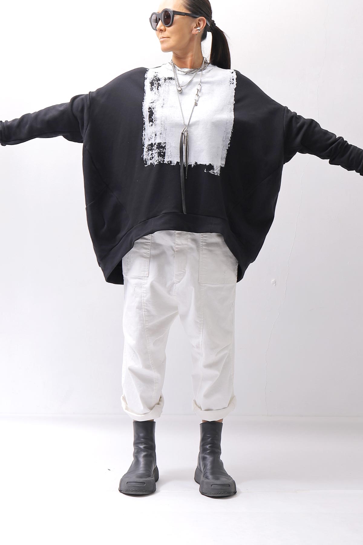 【bajra】 UNISEX BACK DRAPE&amp; PRINTED LIGHT SWEAT TOP 159QK04_BLACK PRINTED