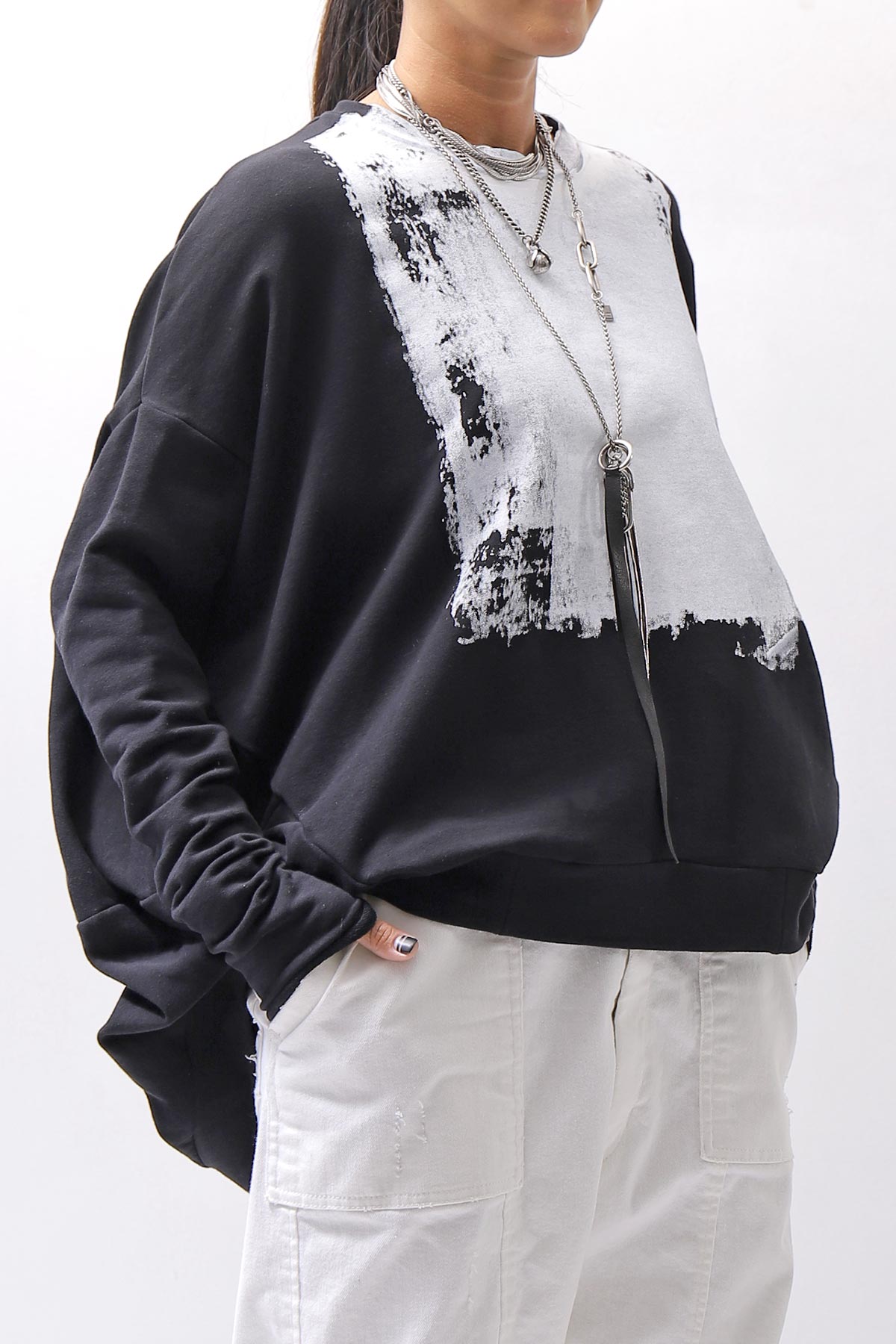 【bajra】 UNISEX BACK DRAPE&amp; PRINTED LIGHT SWEAT TOP 159QK04_BLACK PRINTED