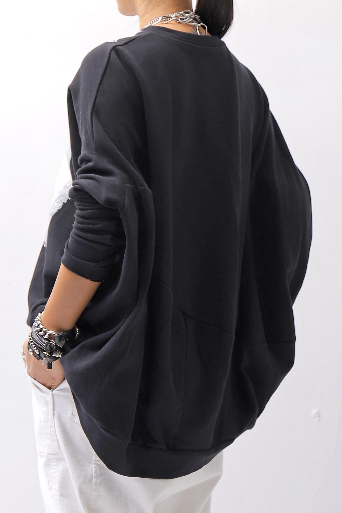 【bajra】 UNISEX BACK DRAPE&amp; PRINTED LIGHT SWEAT TOP 159QK04_BLACK PRINTED