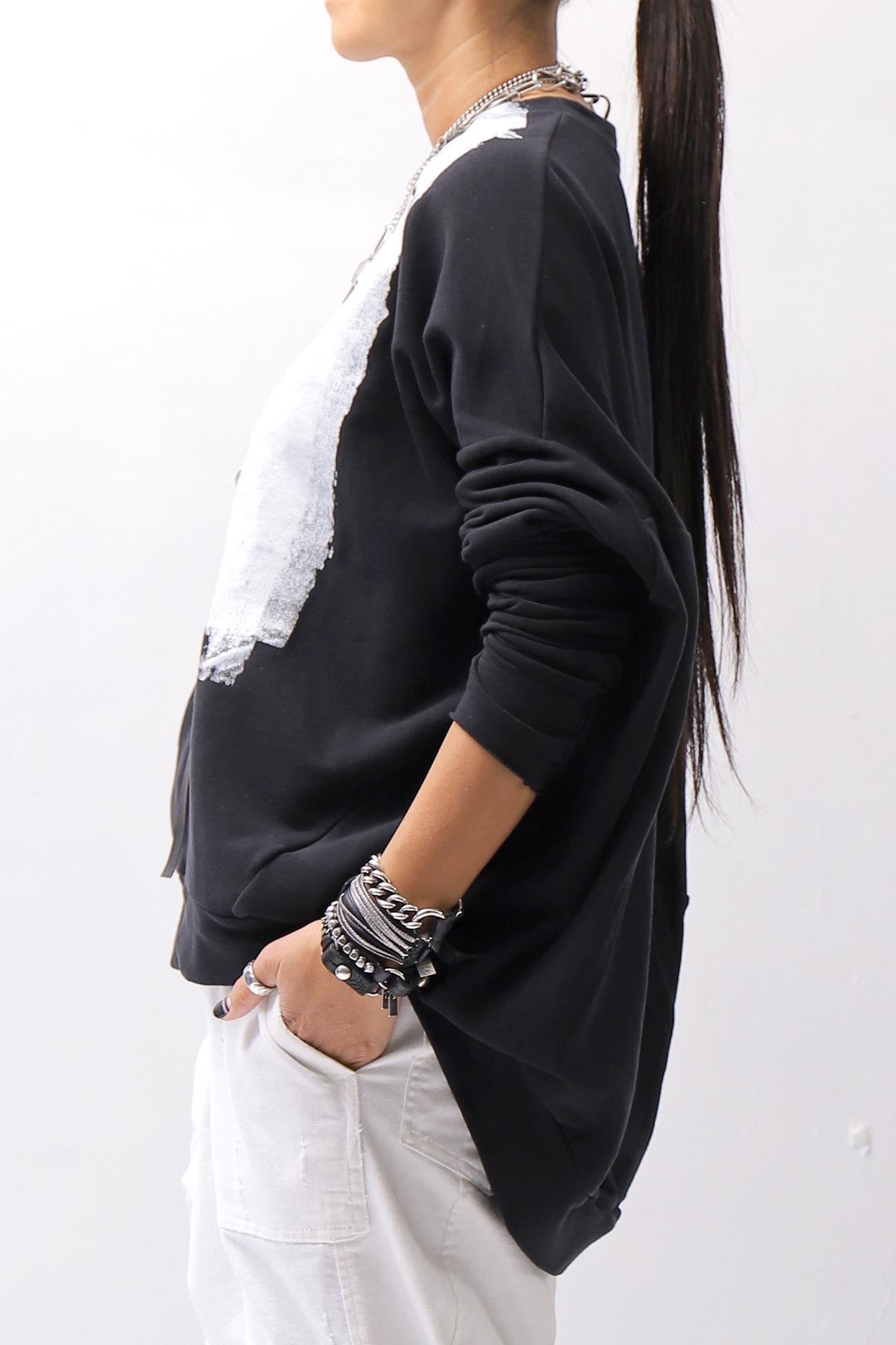 【bajra】 UNISEX BACK DRAPE&amp; PRINTED LIGHT SWEAT TOP 159QK04_BLACK PRINTED