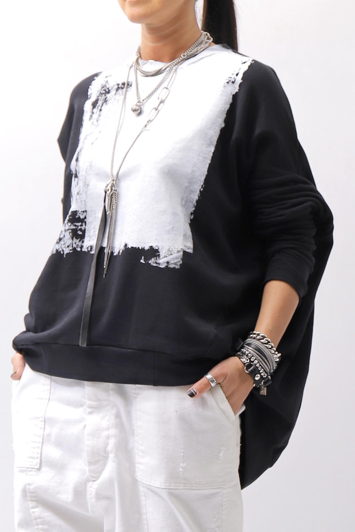 【bajra】 UNISEX BACK DRAPE&amp; PRINTED LIGHT SWEAT TOP 159QK04_BLACK PRINTED