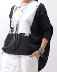 【bajra】 UNISEX BACK DRAPE& PRINTED LIGHT SWEAT TOP 159QK04_BLACK PRINTED