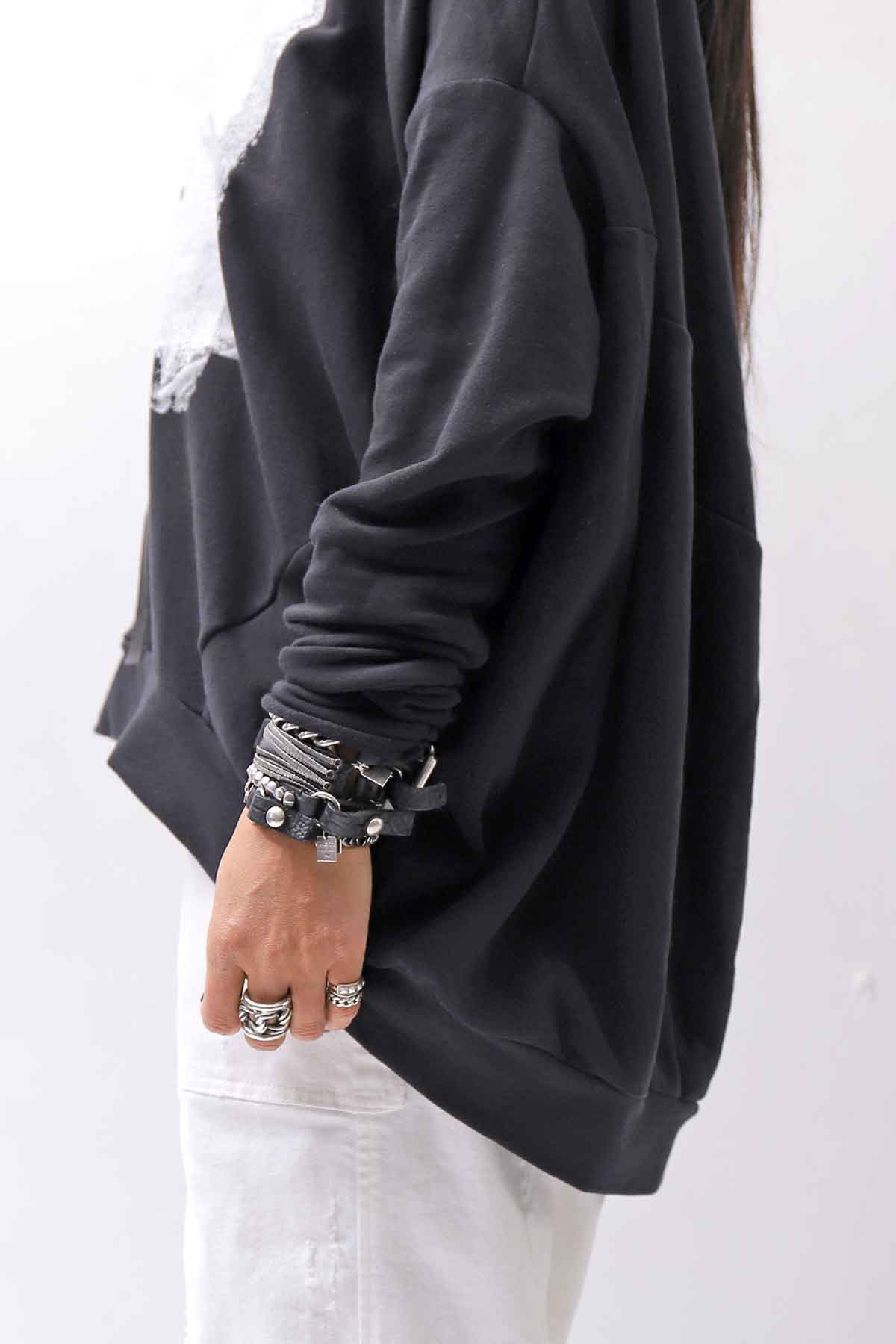 【bajra】 UNISEX BACK DRAPE&amp; PRINTED LIGHT SWEAT TOP 159QK04_BLACK PRINTED