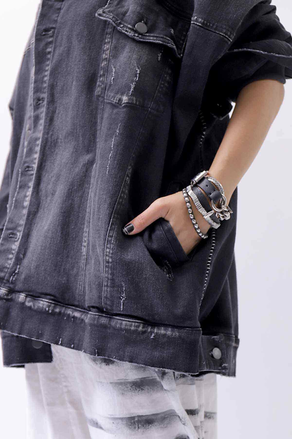 【bajra】 UNISEX OVERSIZED STRETCH DENIM JACKET 143QJ01_BLACK WASH