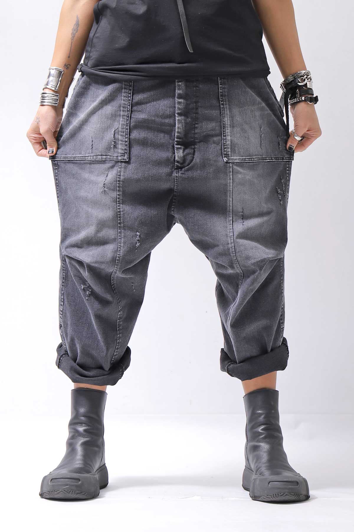 【bajra】 UNISEX SARROUEL SUPER STRETCH COTTON DENIM PANTS 159QP03_USED BLACK WASH
