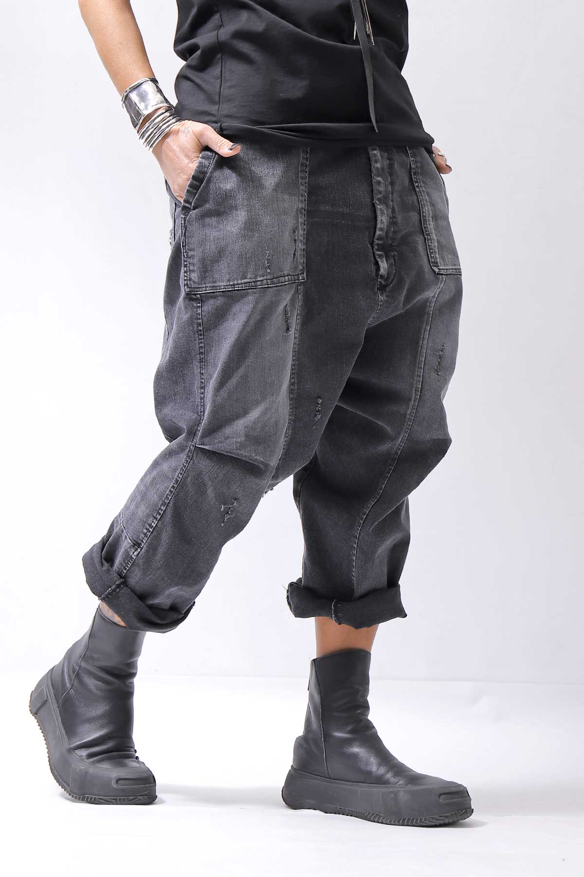 【bajra】 UNISEX SARROUEL SUPER STRETCH COTTON DENIM PANTS 159QP03_USED BLACK WASH