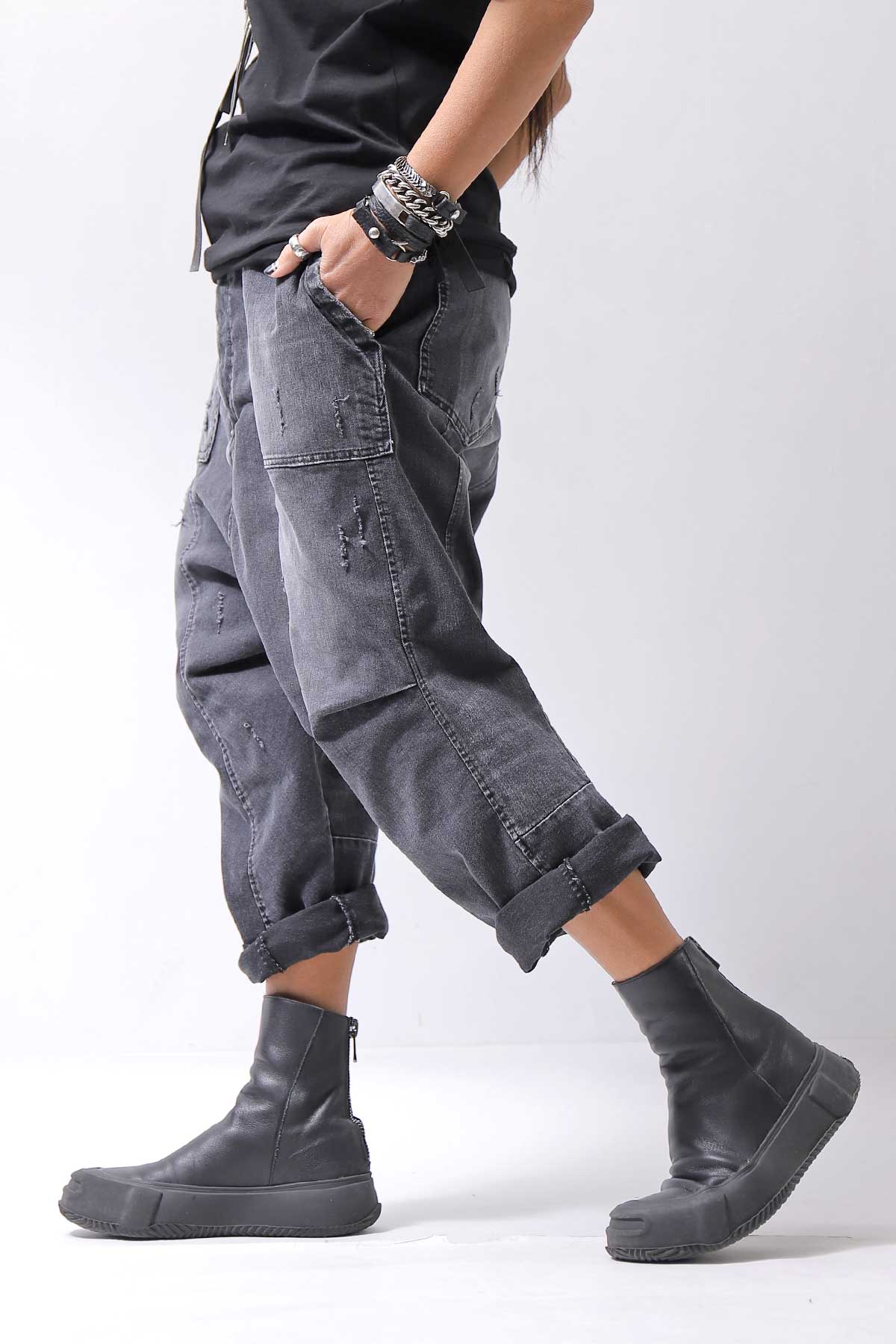【bajra】 UNISEX SARROUEL SUPER STRETCH COTTON DENIM PANTS 159QP03_USED BLACK WASH