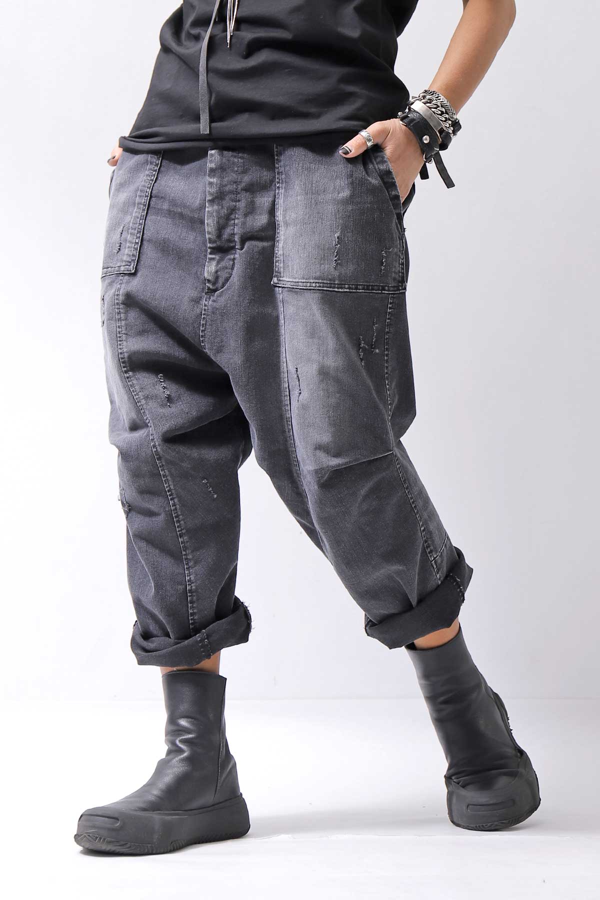 【bajra】 UNISEX SARROUEL SUPER STRETCH COTTON DENIM PANTS 159QP03_USED BLACK WASH