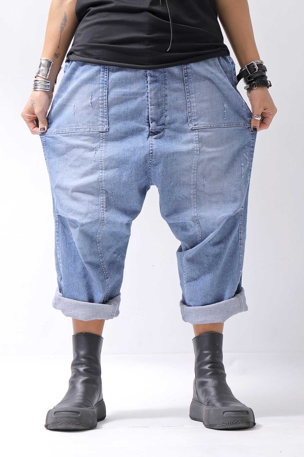 【bajra】 UNISEX SARROUEL SUPER STRETCH COTTON DENIM PANTS 159QP03_BLUE WASH