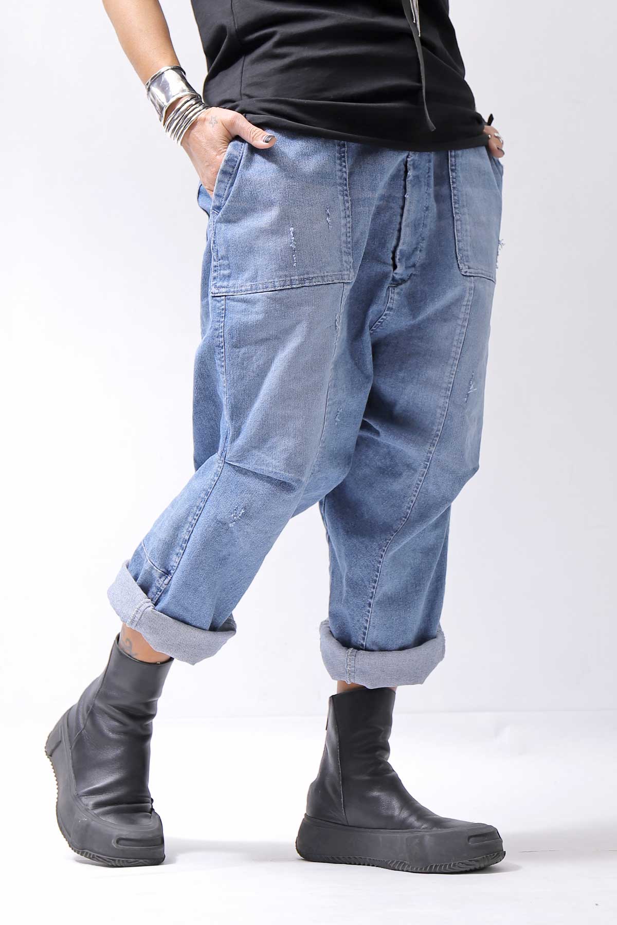 【bajra】 UNISEX SARROUEL SUPER STRETCH COTTON DENIM PANTS 159QP03_BLUE WASH