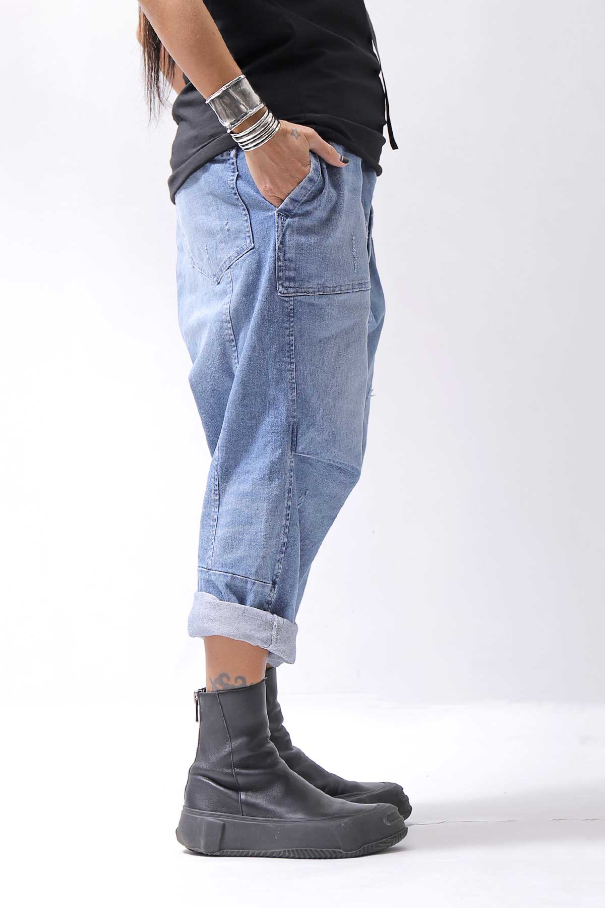 【bajra】 UNISEX SARROUEL SUPER STRETCH COTTON DENIM PANTS 159QP03_BLUE WASH