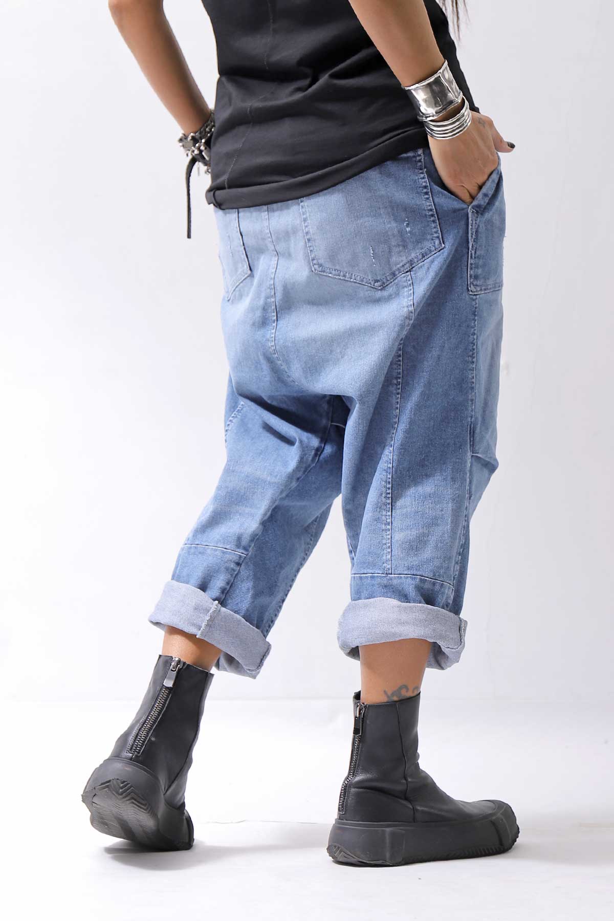 【bajra】 UNISEX SARROUEL SUPER STRETCH COTTON DENIM PANTS 159QP03_BLUE WASH