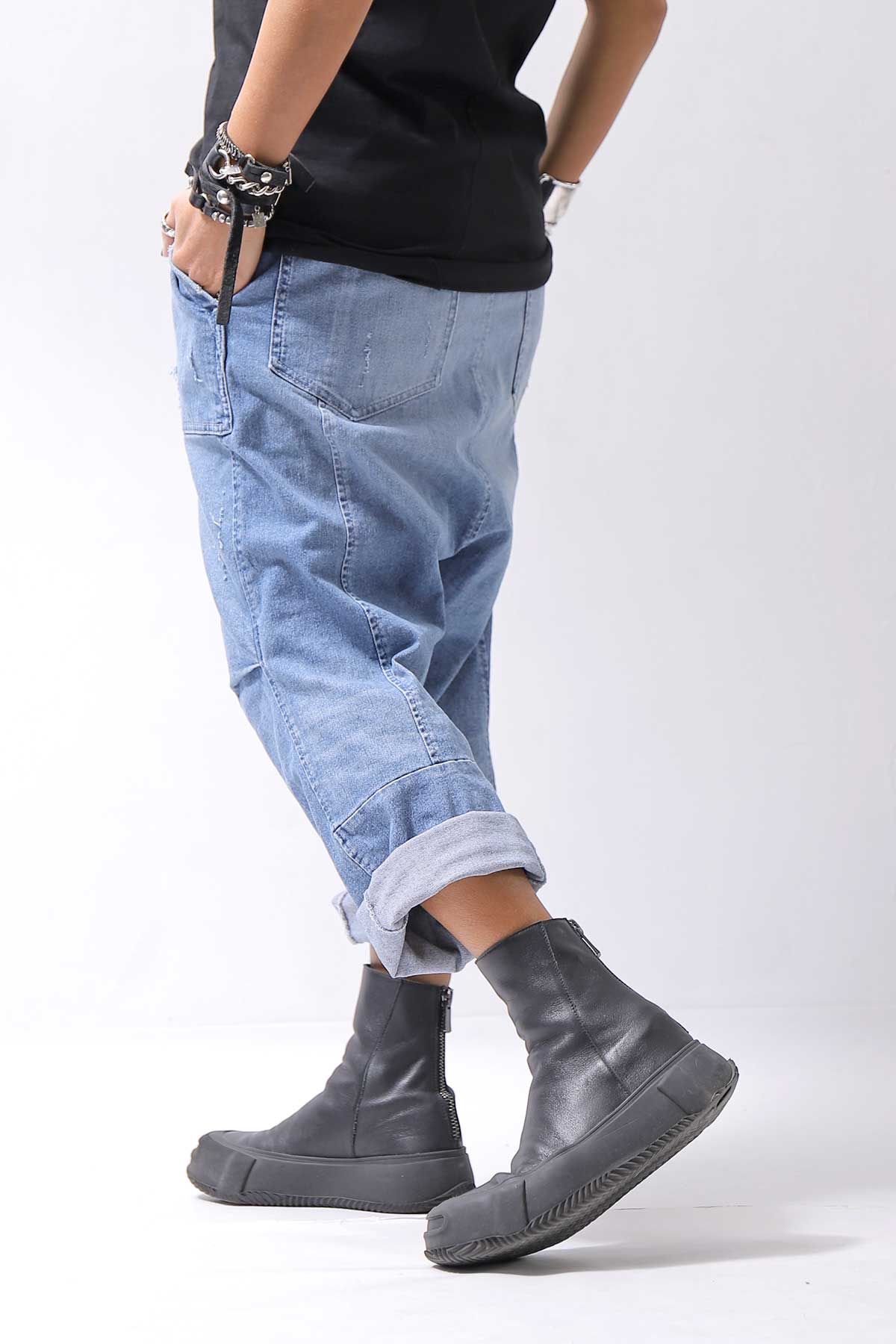 【bajra】 UNISEX SARROUEL SUPER STRETCH COTTON DENIM PANTS 159QP03_BLUE WASH