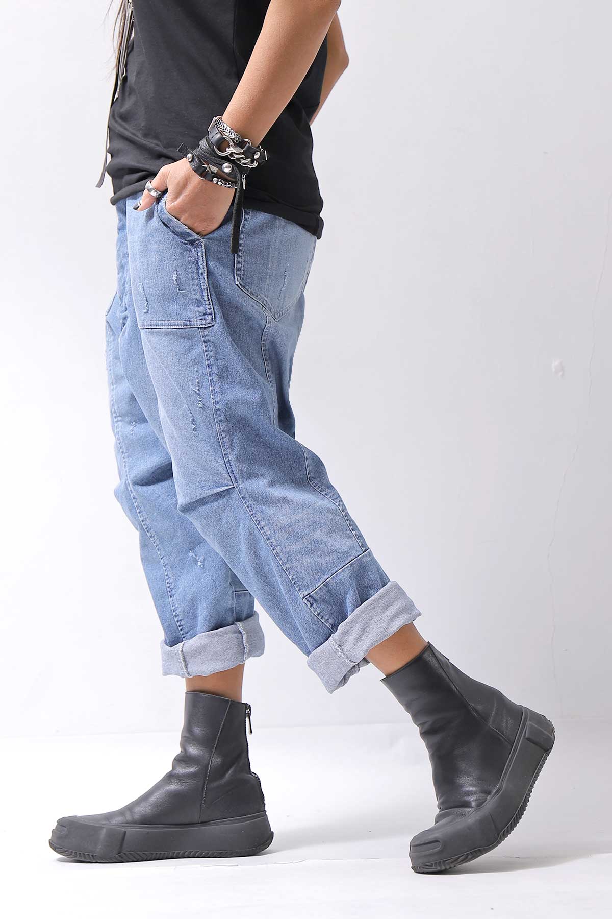 【bajra】 UNISEX SARROUEL SUPER STRETCH COTTON DENIM PANTS 159QP03_BLUE WASH