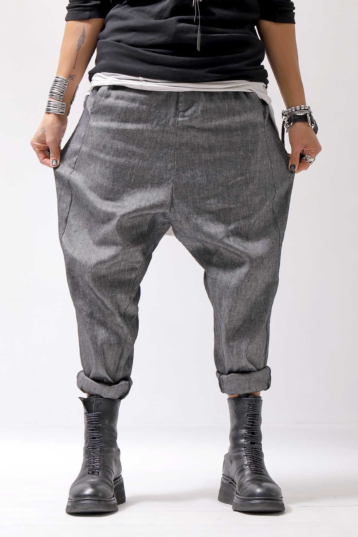 【NOSTRASANTISSIMA】 UNISEX LINEN COTTON SARROUEL PANTS P38_GREY