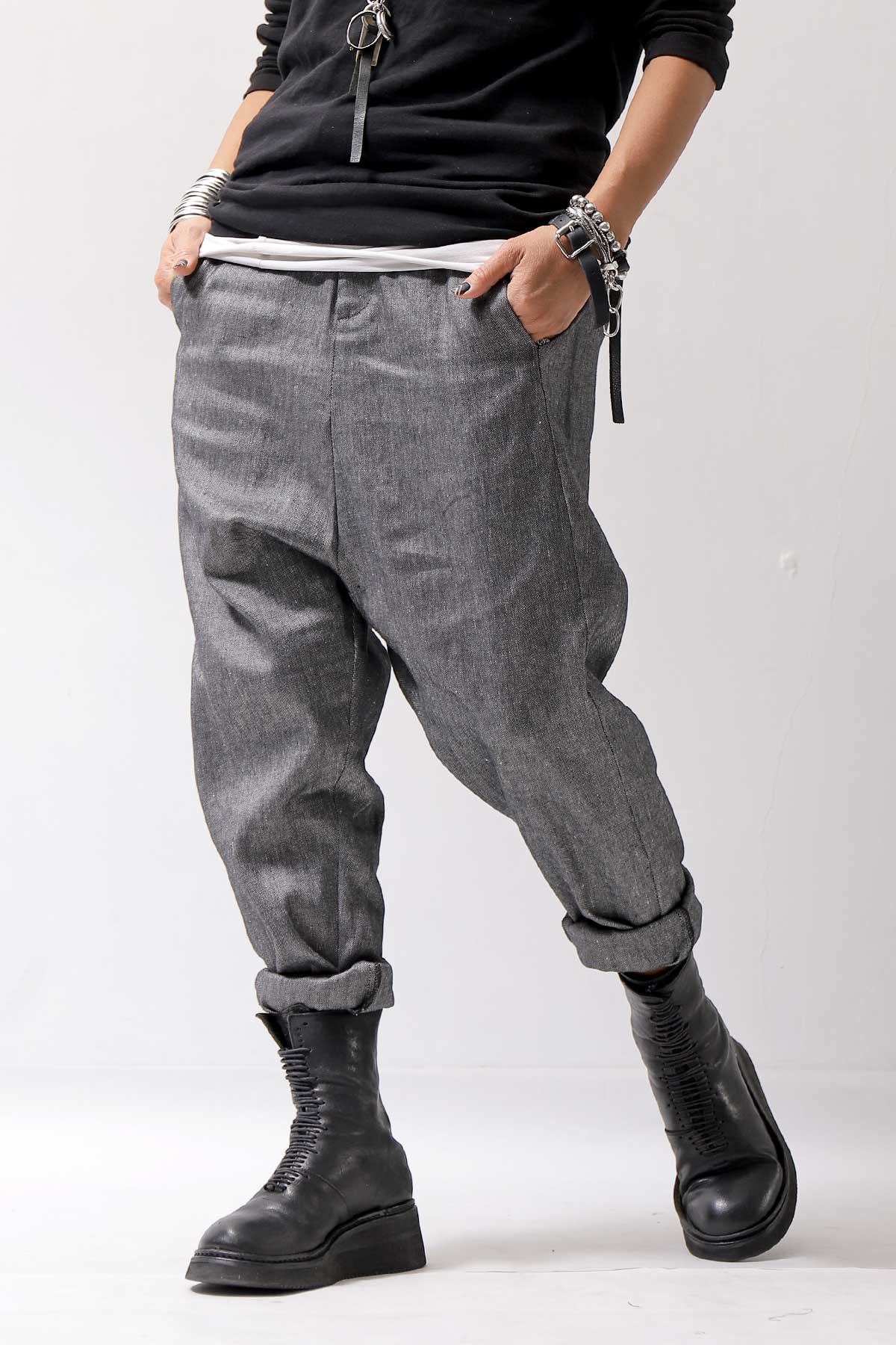 【NOSTRASANTISSIMA】 UNISEX LINEN COTTON SARROUEL PANTS P38_GREY