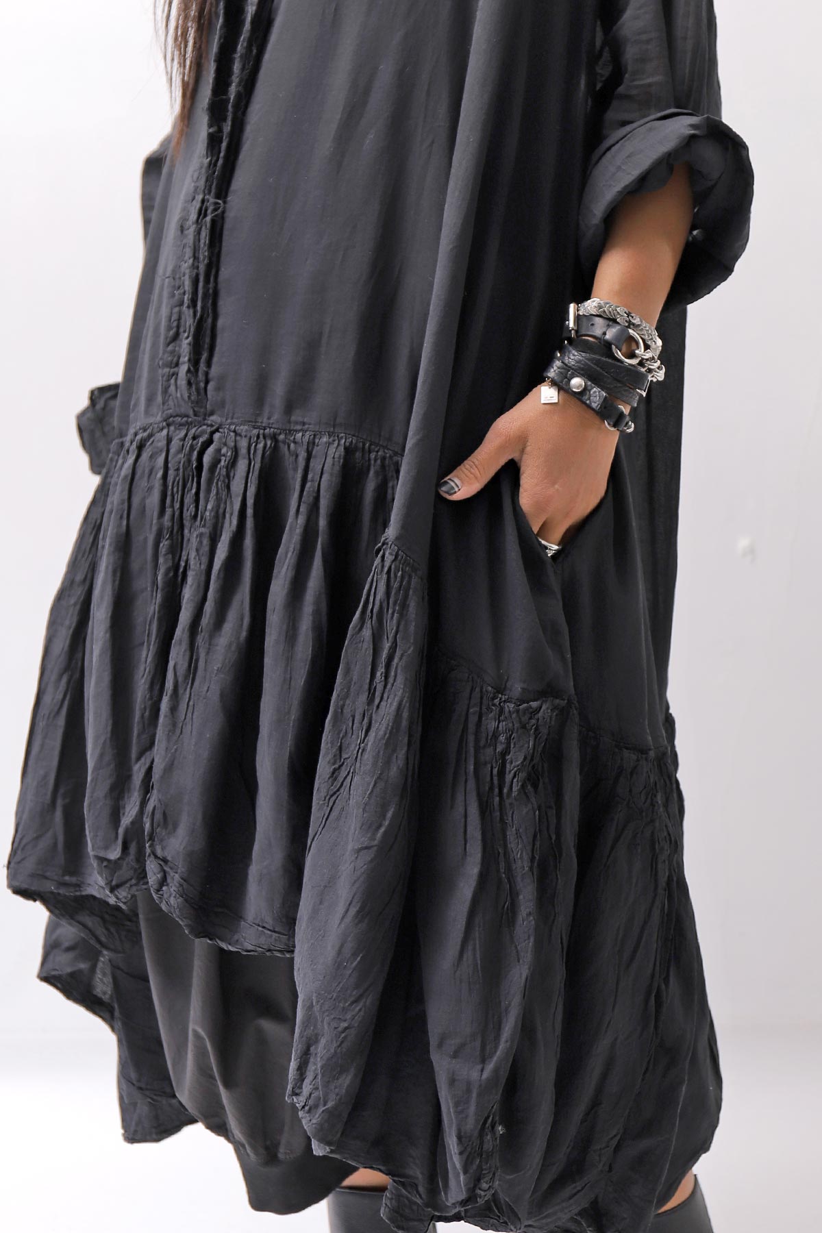【RUNDHOLZ】 COTTON CHIFFON SHIRT DRESS _BLACK GLOSS
