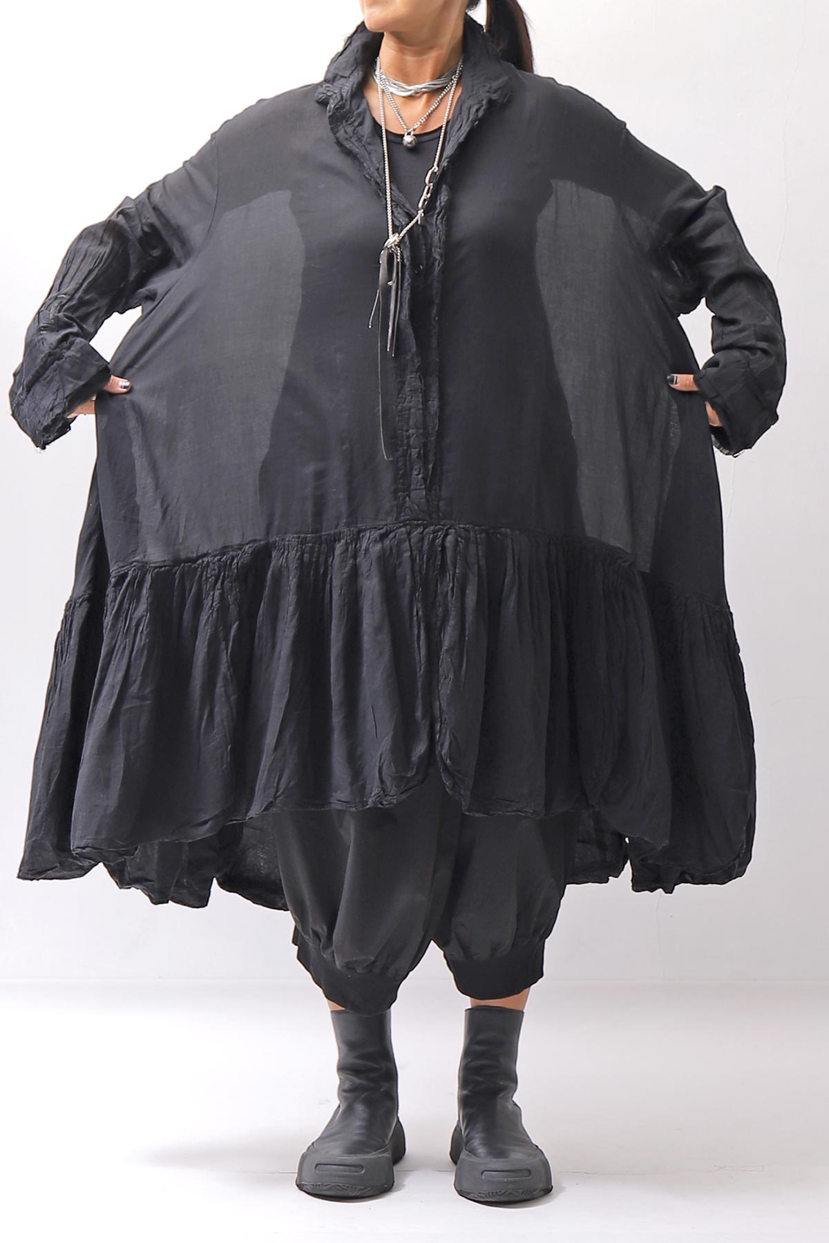 【RUNDHOLZ】 COTTON CHIFFON SHIRT DRESS _BLACK GLOSS