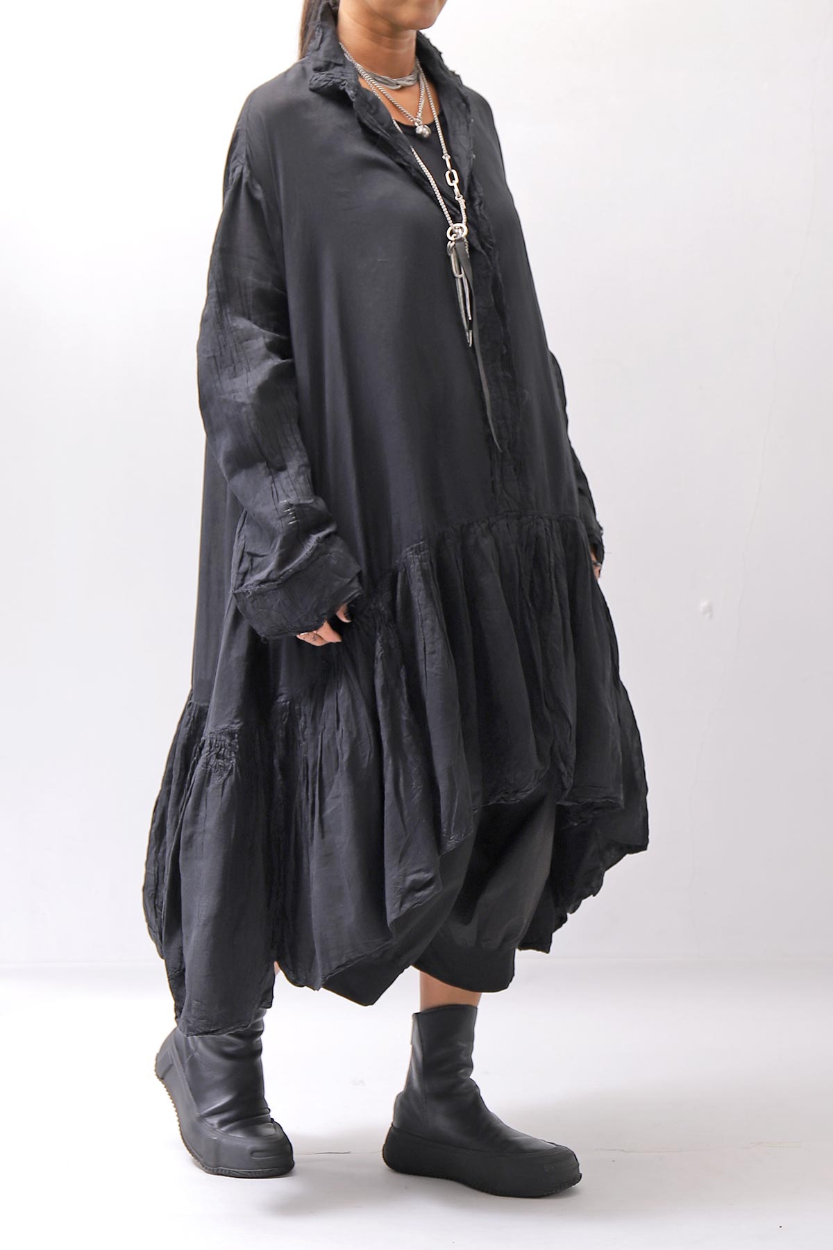 【RUNDHOLZ】 COTTON CHIFFON SHIRT DRESS _BLACK GLOSS