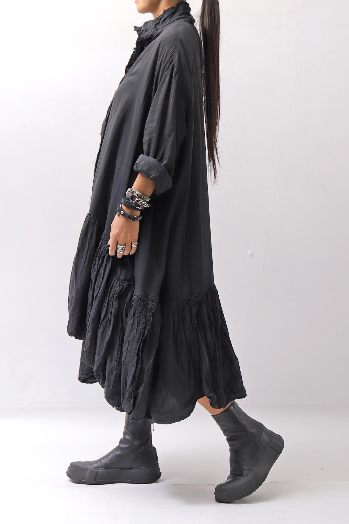 【RUNDHOLZ】 COTTON CHIFFON SHIRT DRESS _BLACK GLOSS