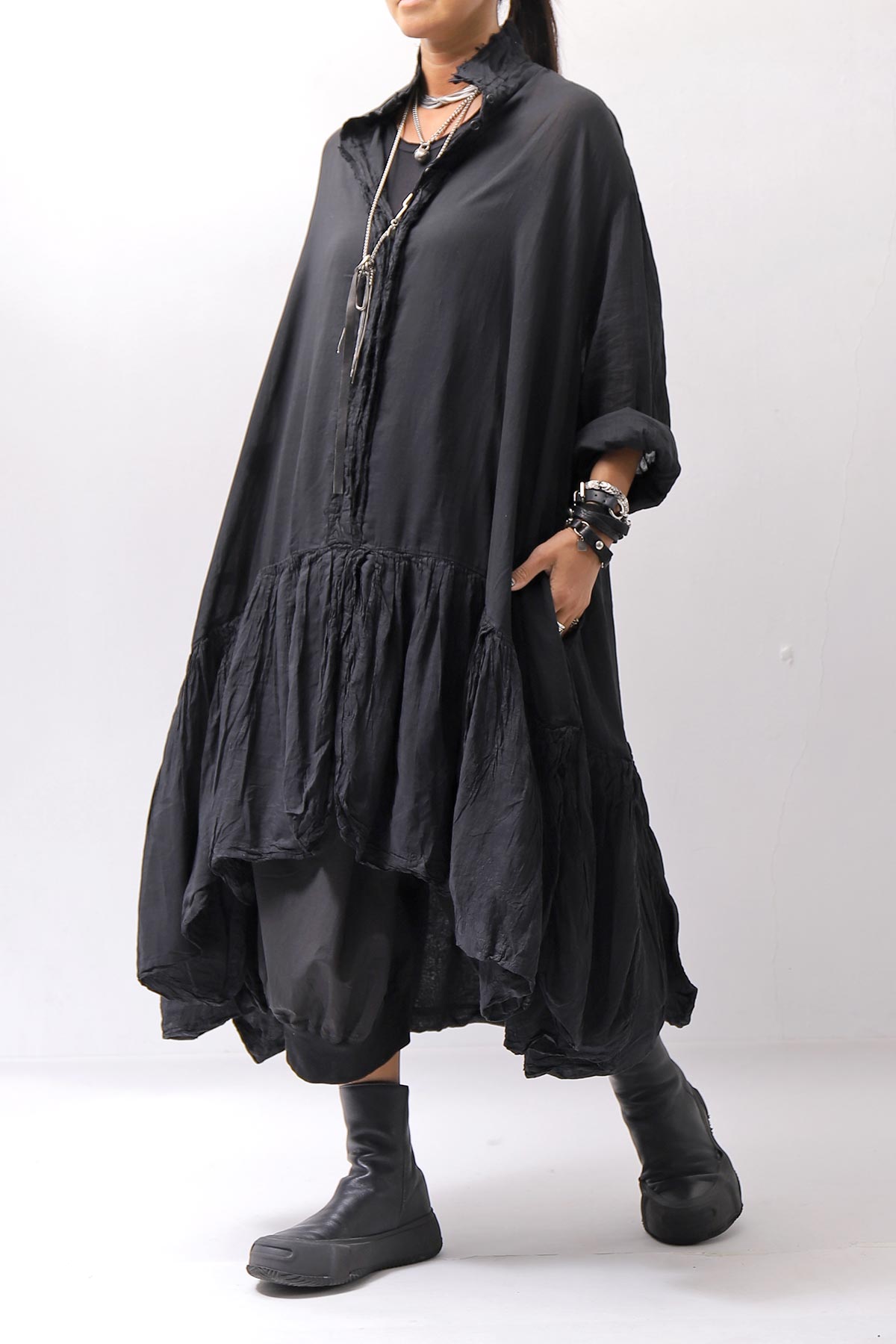 【RUNDHOLZ】 COTTON CHIFFON SHIRT DRESS _BLACK GLOSS