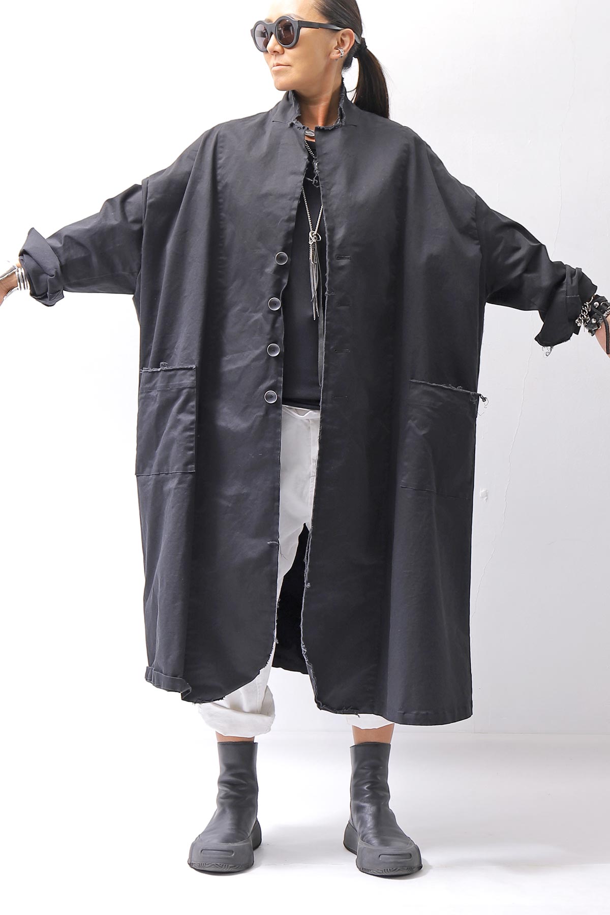 【bajra】 UNISEX TWILLED COTTON BACK DRAPE CARDIGAN COAT 160QB01LG_BLACK