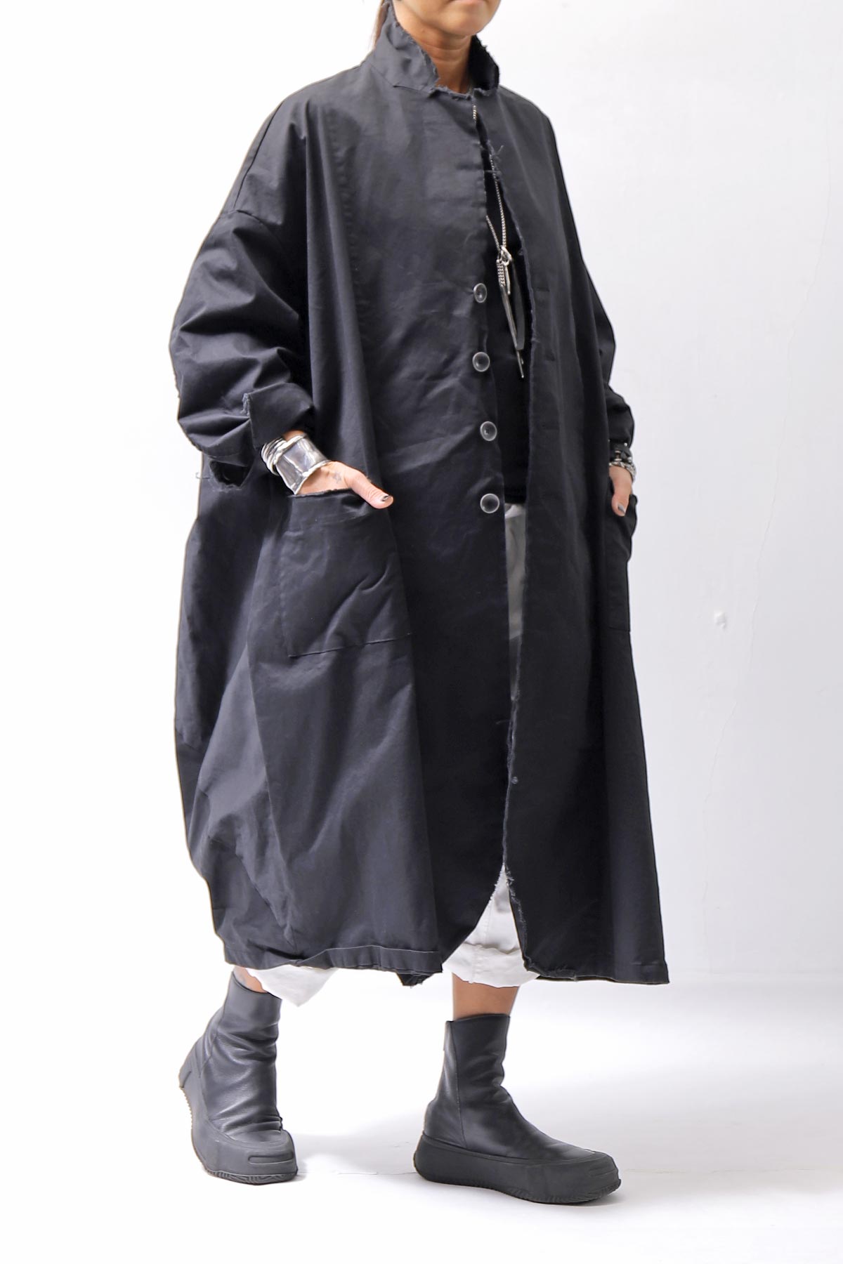 【bajra】 UNISEX TWILLED COTTON BACK DRAPE CARDIGAN COAT 160QB01LG_BLACK