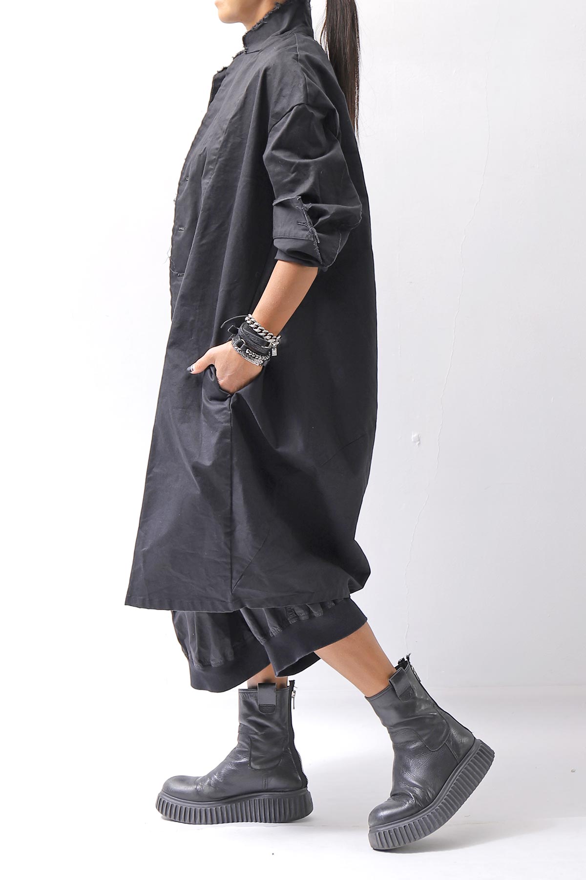 【bajra】 UNISEX TWILLED COTTON BACK DRAPE SHIRT CARDIGAN 160QB01SH_BLACK