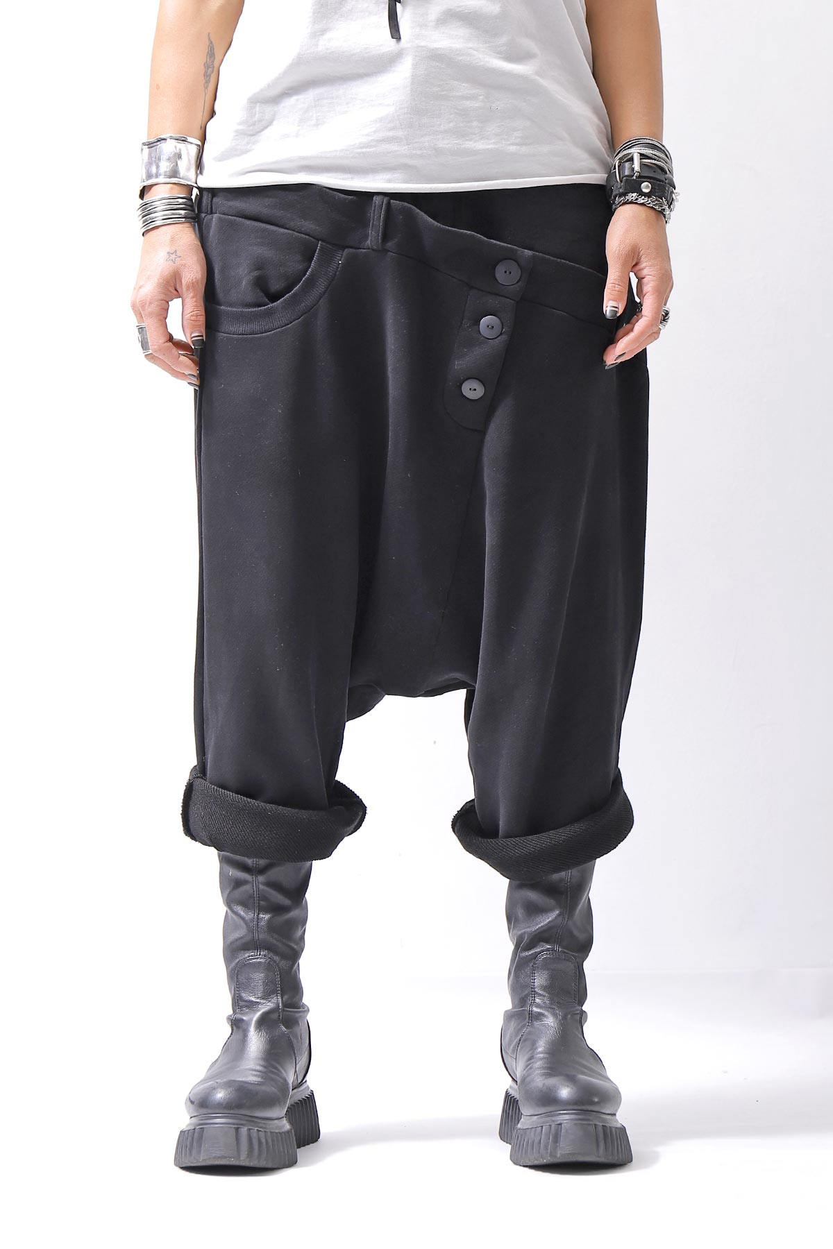 【studio b3】 UNSEX DENIM&amp;SWEAT BOX SARROUEL PANTS RBB1974_BLACK