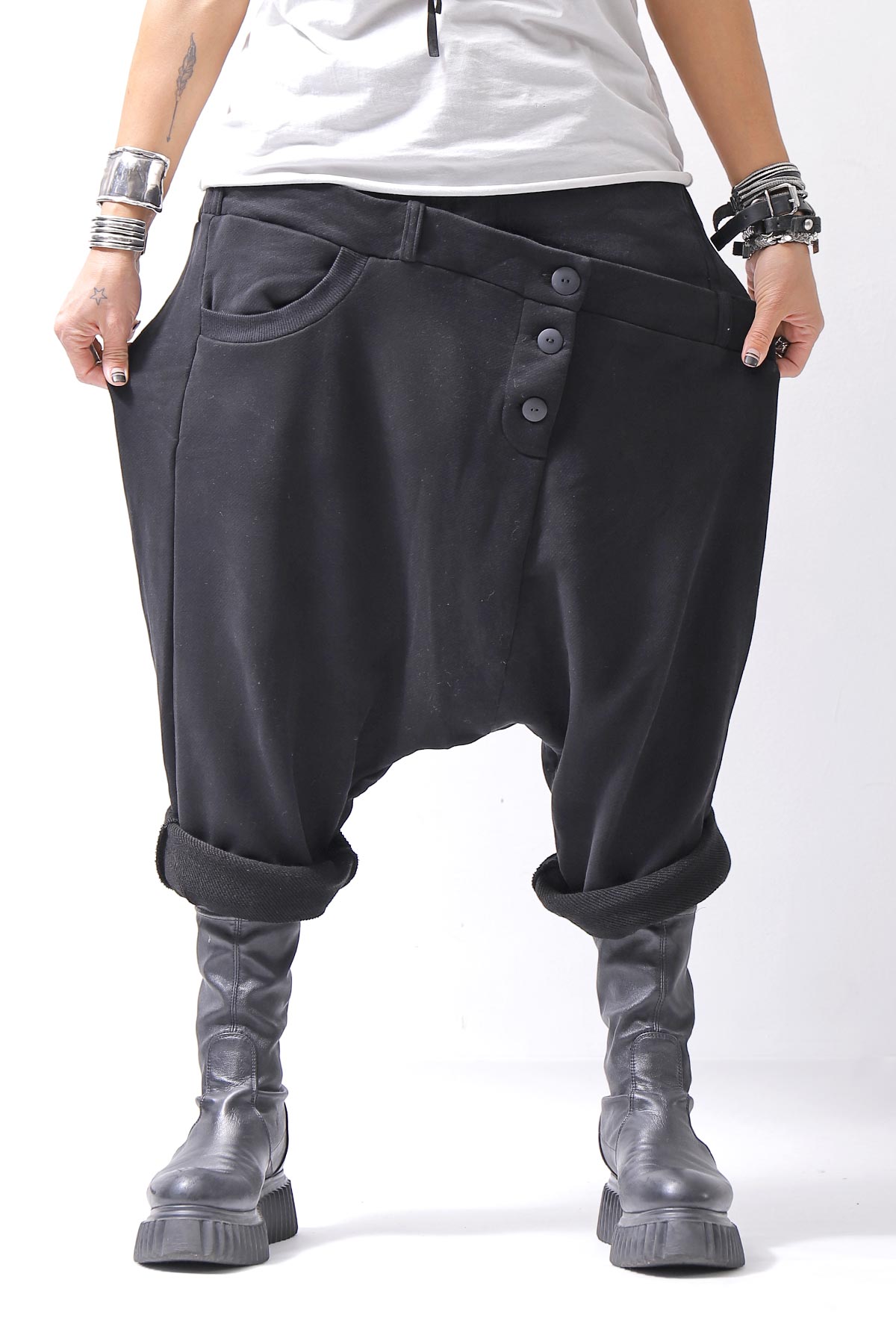 【studio b3】 UNSEX DENIM&amp;SWEAT BOX SARROUEL PANTS RBB1974_BLACK