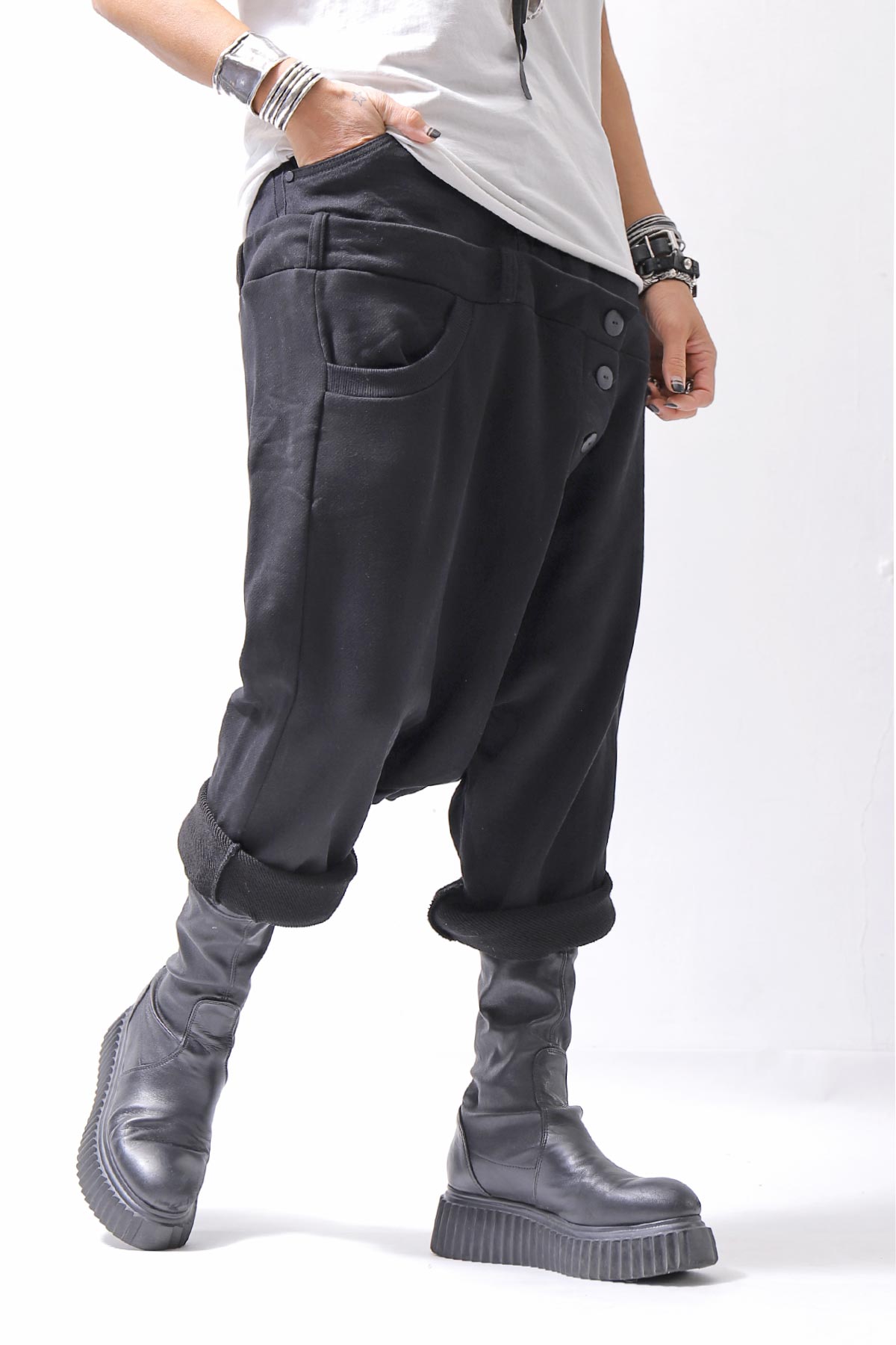 【studio b3】 UNSEX DENIM&amp;SWEAT BOX SARROUEL PANTS RBB1974_BLACK