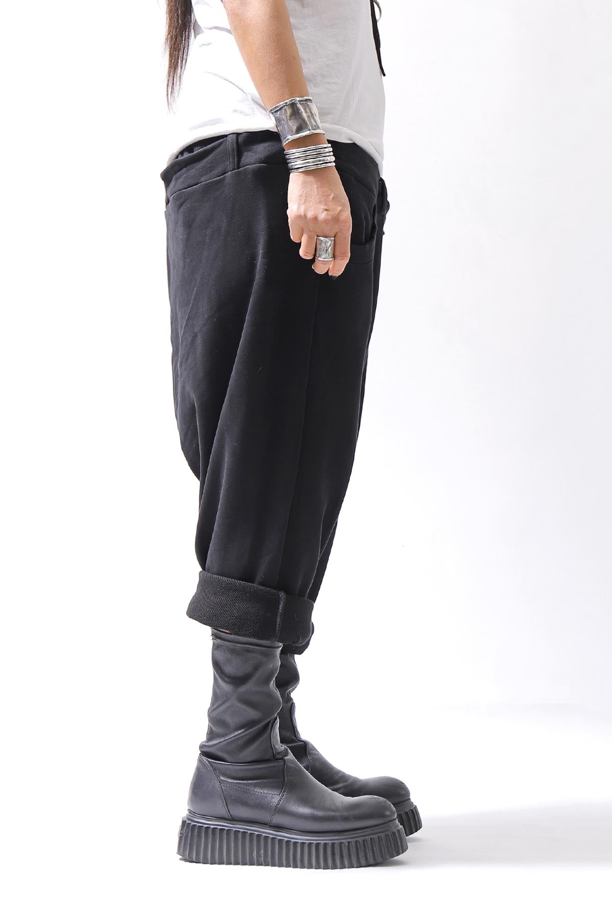 【studio b3】 UNSEX DENIM&amp;SWEAT BOX SARROUEL PANTS RBB1974_BLACK