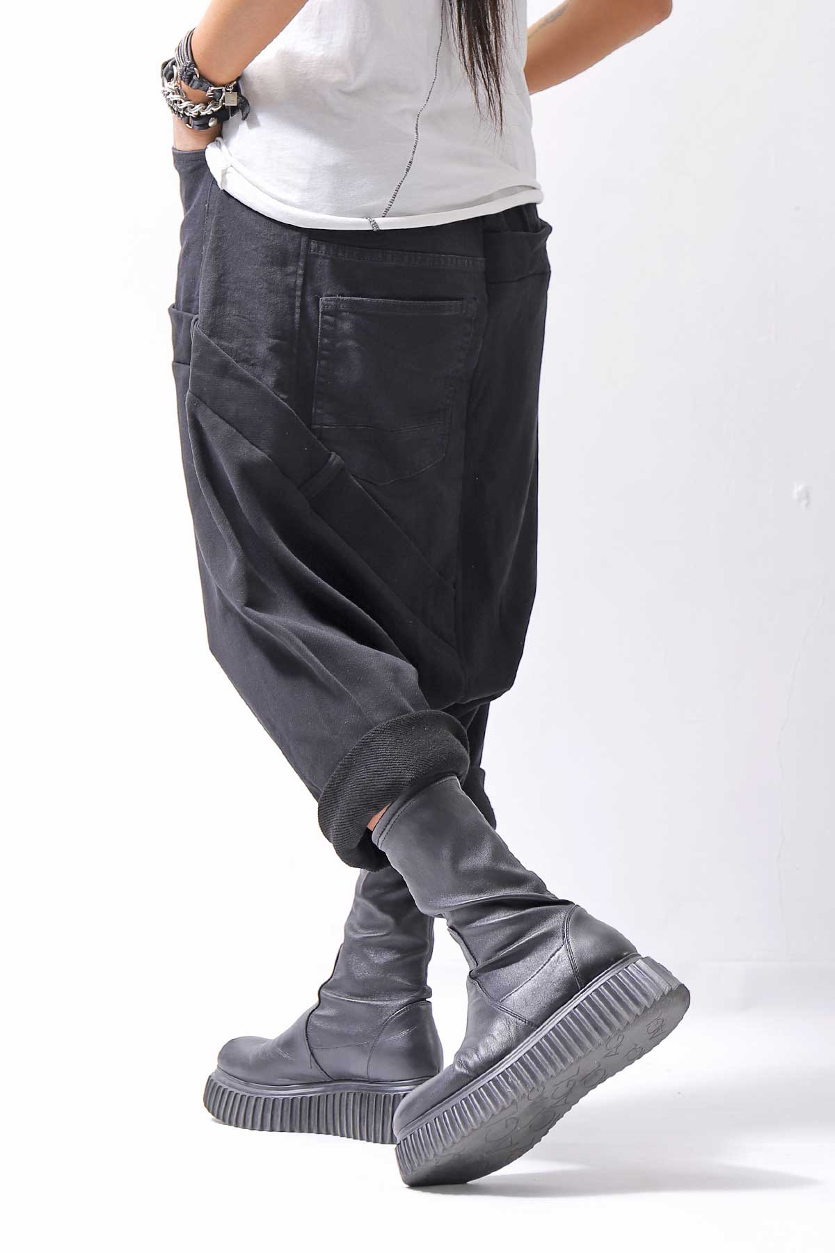 【studio b3】 UNSEX DENIM&amp;SWEAT BOX SARROUEL PANTS RBB1974_BLACK