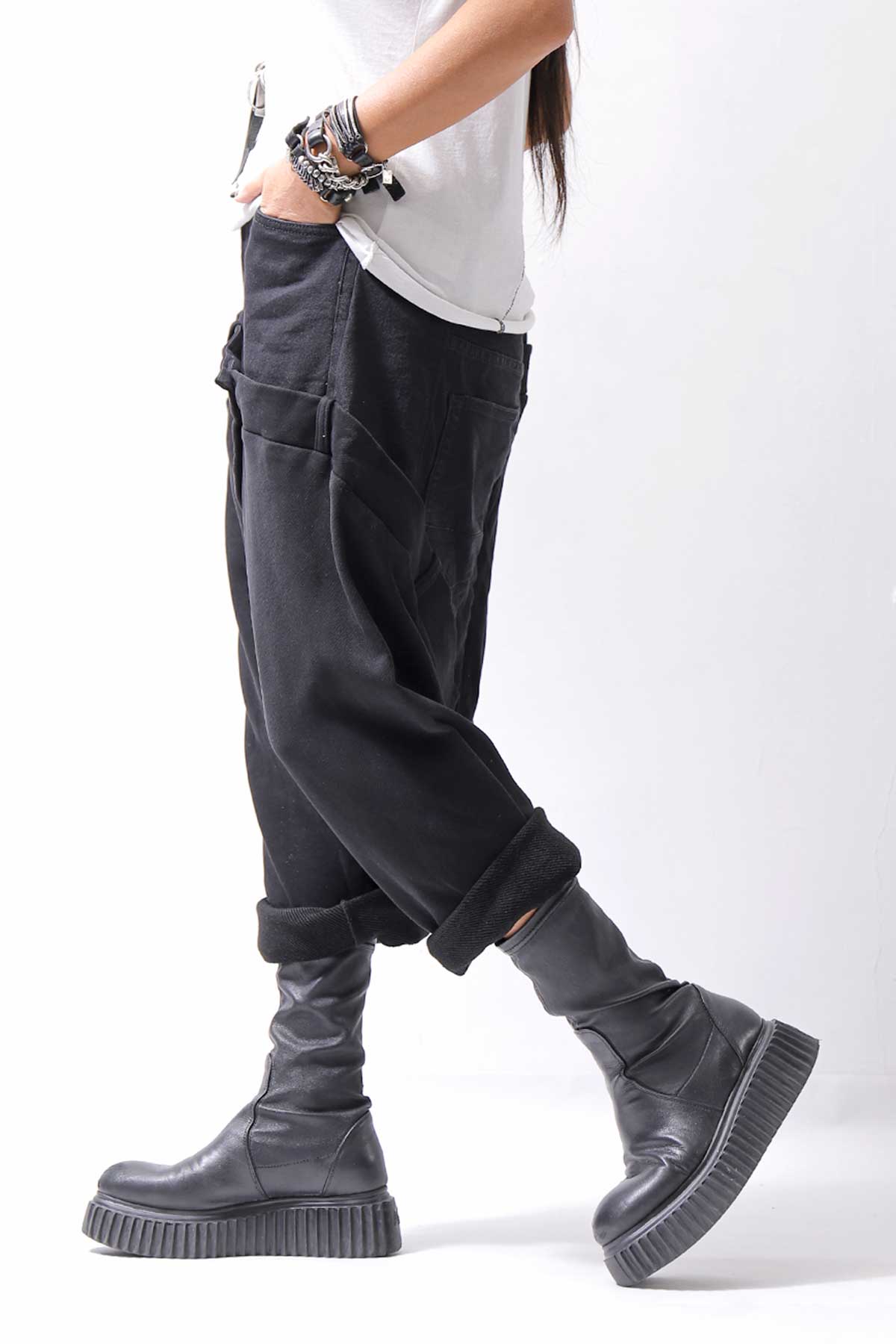 【studio b3】 UNSEX DENIM&amp;SWEAT BOX SARROUEL PANTS RBB1974_BLACK