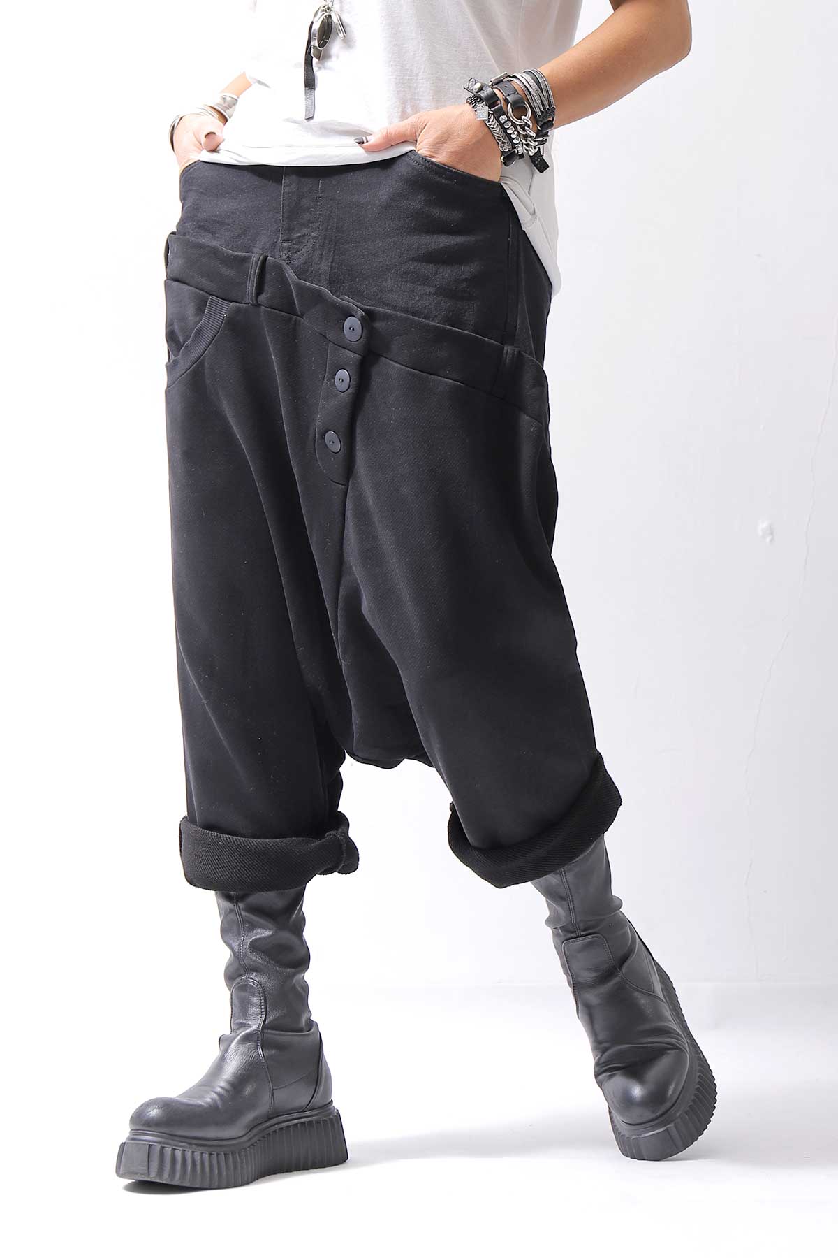 【studio b3】 UNSEX DENIM&amp;SWEAT BOX SARROUEL PANTS RBB1974_BLACK