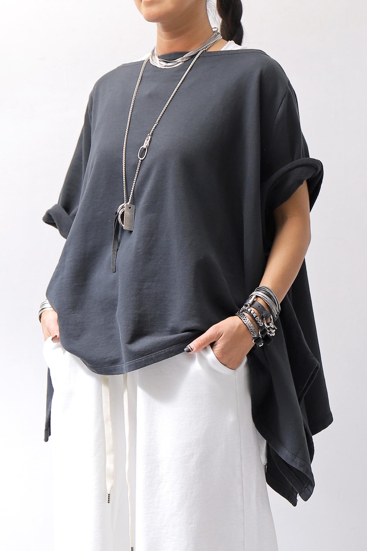 【NOSTRASANTISSIMA】 ASYMMETRY SWEAT COTTON WIDE TOPS FM139_BLACK