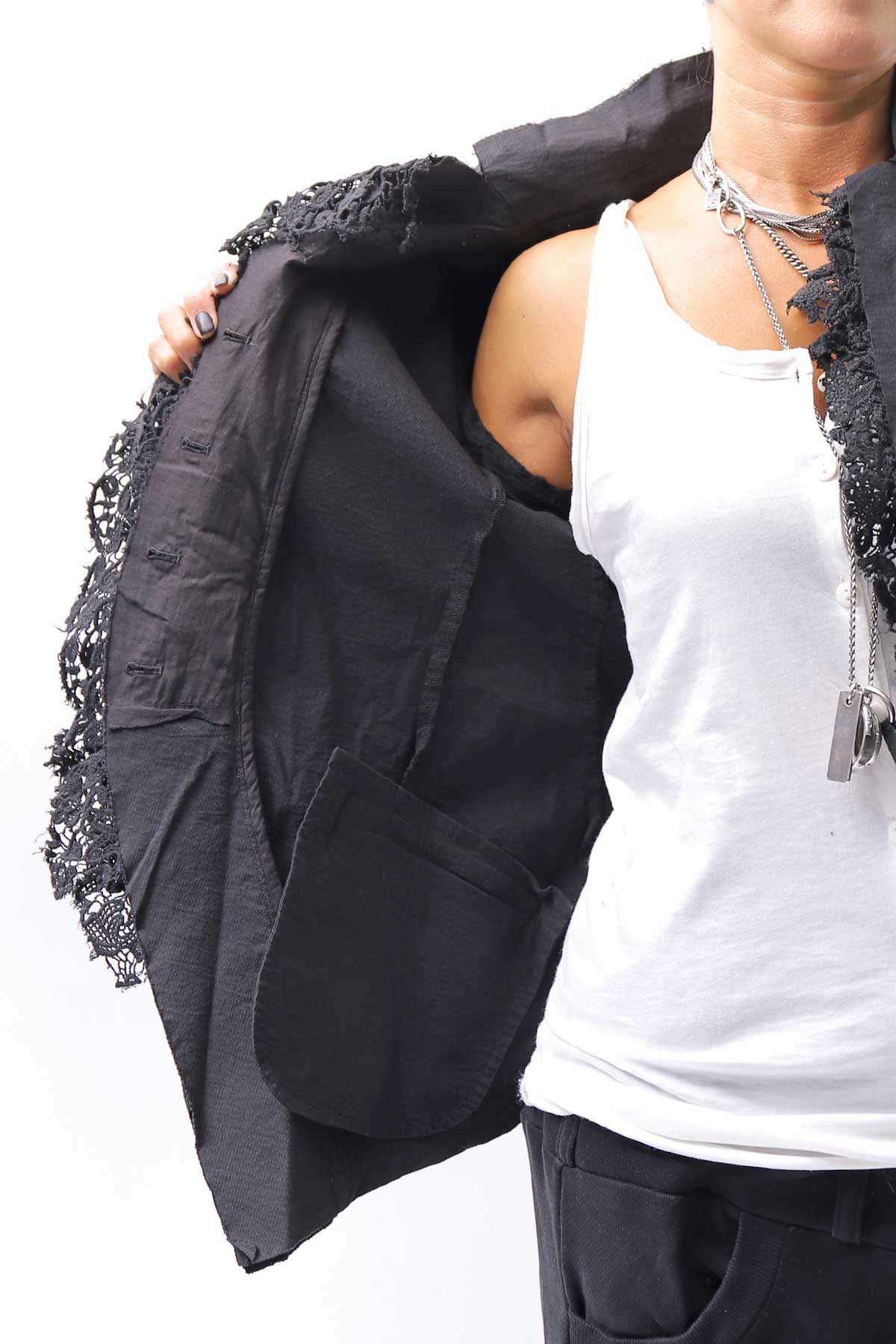 【RUNDHOLZ】 GRUNGE COTTON LACE &amp; STRETCH JACKET _BLACK GLOSS