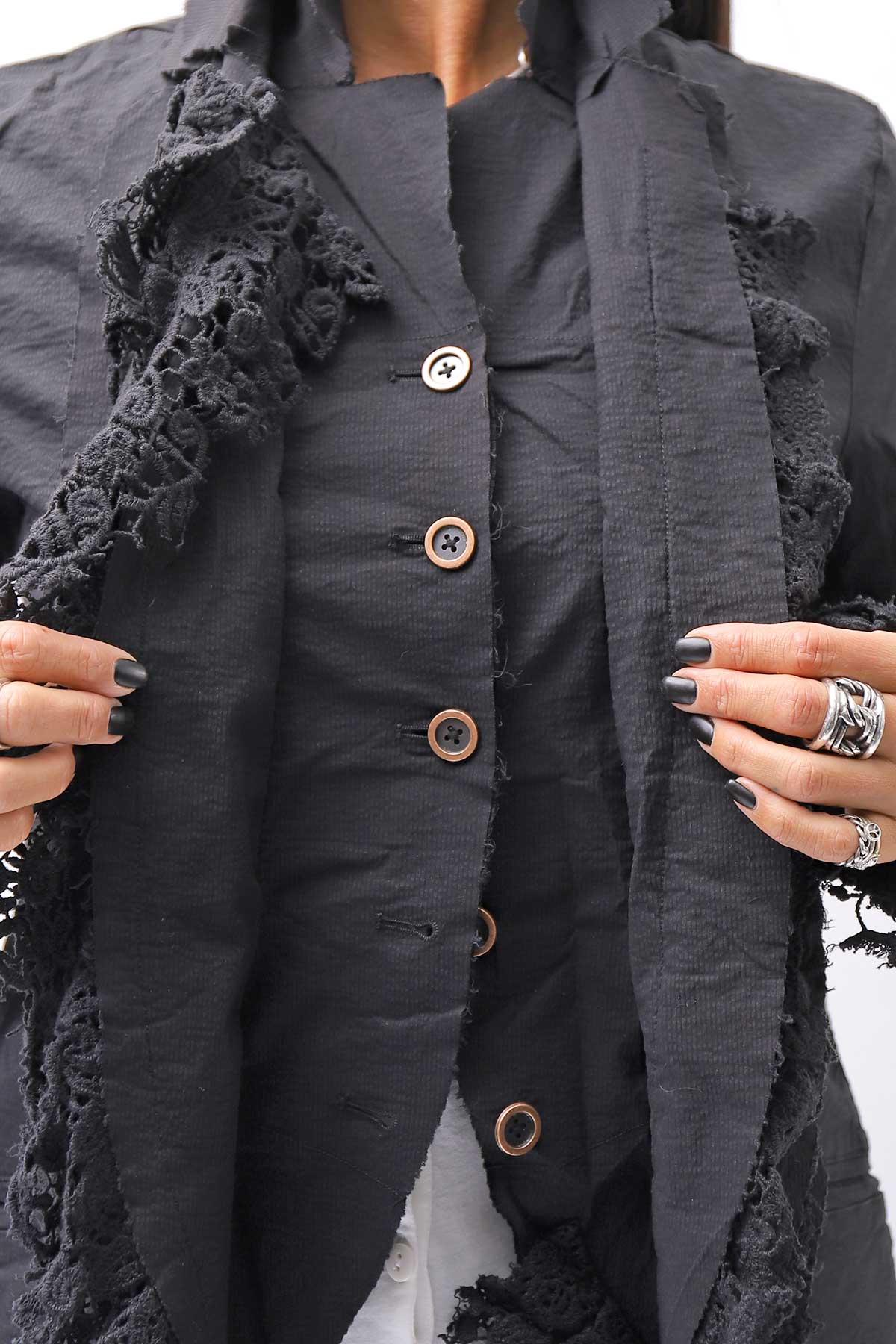 【RUNDHOLZ】 GRUNGE COTTON LACE &amp; STRETCH JACKET _BLACK GLOSS