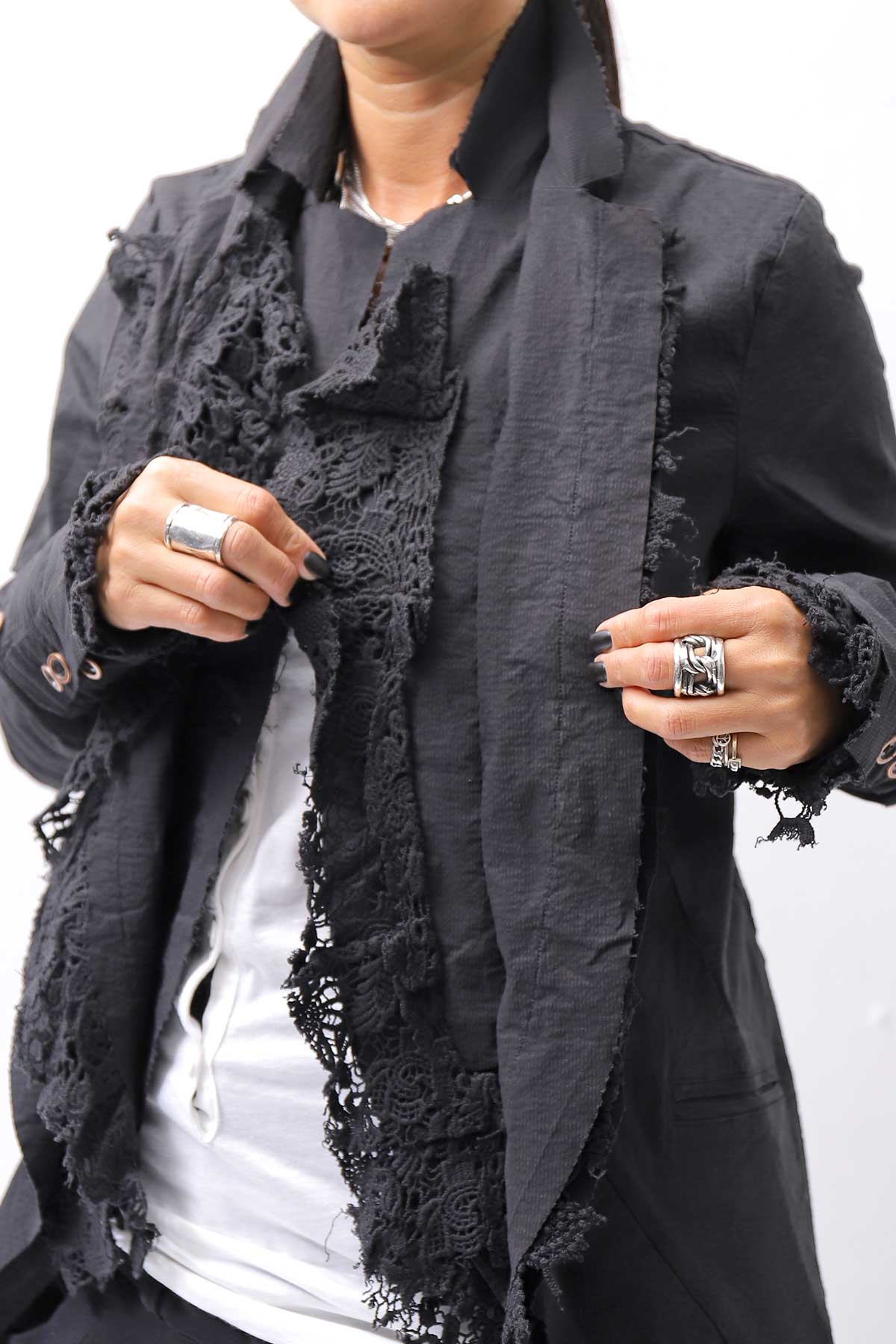 【RUNDHOLZ】 GRUNGE COTTON LACE &amp; STRETCH JACKET _BLACK GLOSS