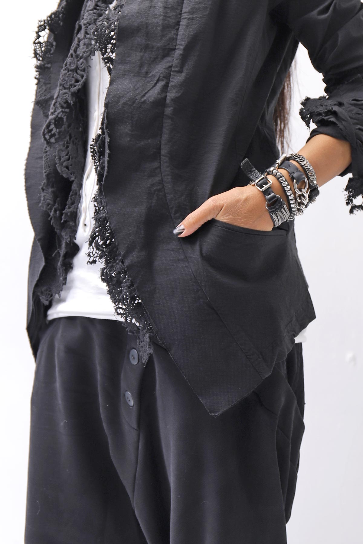 【RUNDHOLZ】 GRUNGE COTTON LACE &amp; STRETCH JACKET _BLACK GLOSS