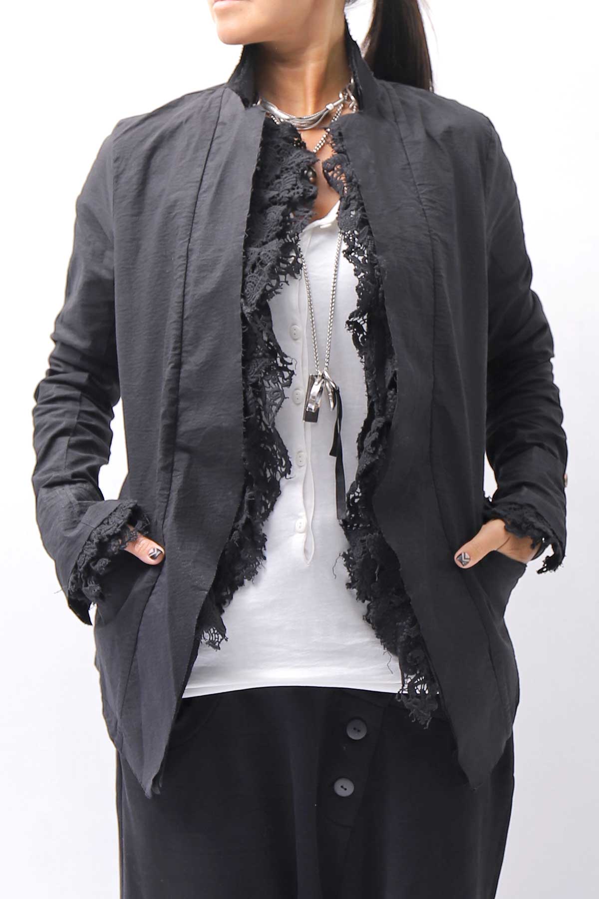 【RUNDHOLZ】 GRUNGE COTTON LACE &amp; STRETCH JACKET _BLACK GLOSS